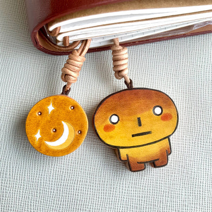 Hand-Painted Leather Charms: Bread Character & Moon Star Set