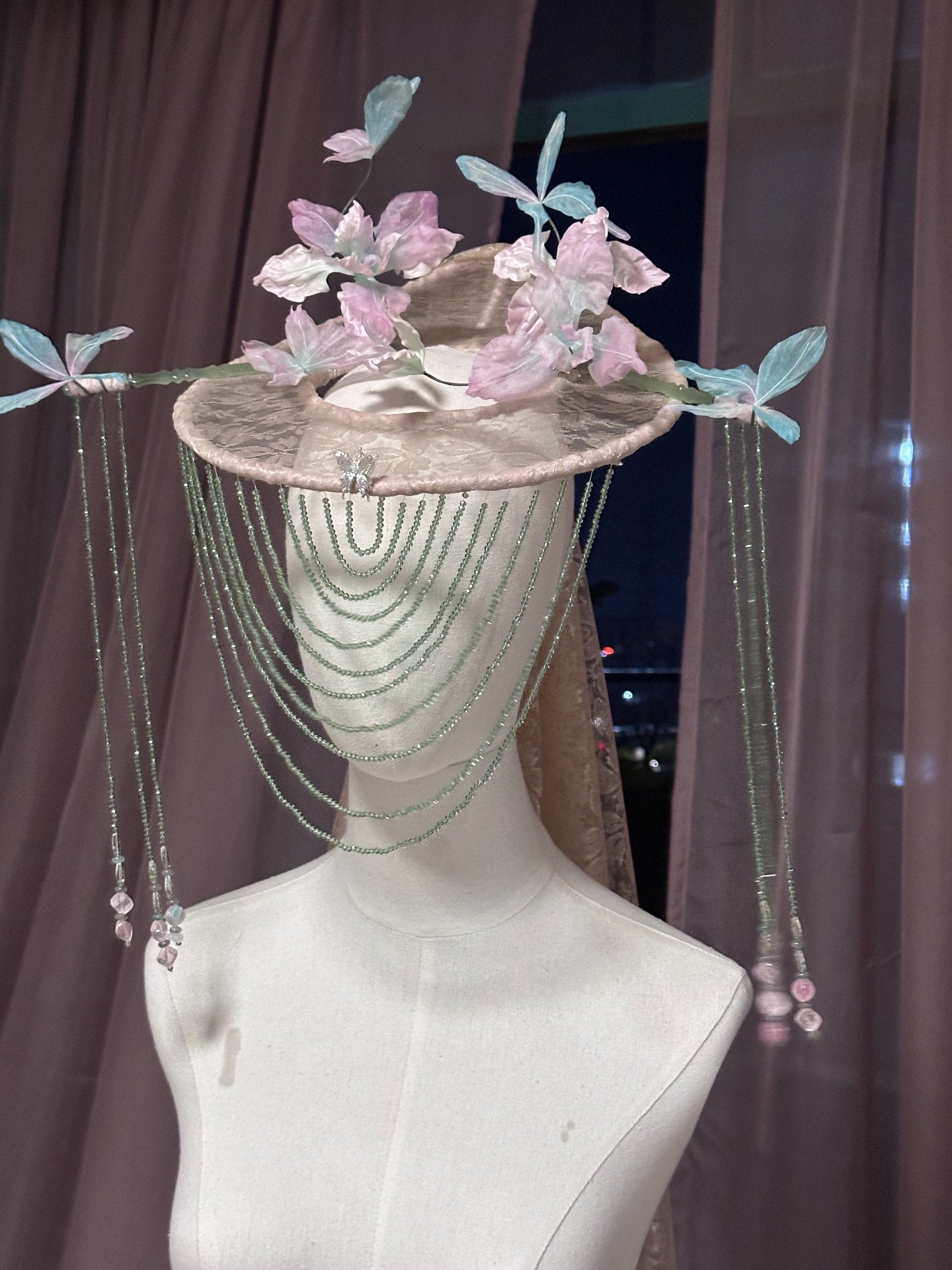 Custom Silk Veil Hat with Hand-Dyed Flowers and Beaded Curtain