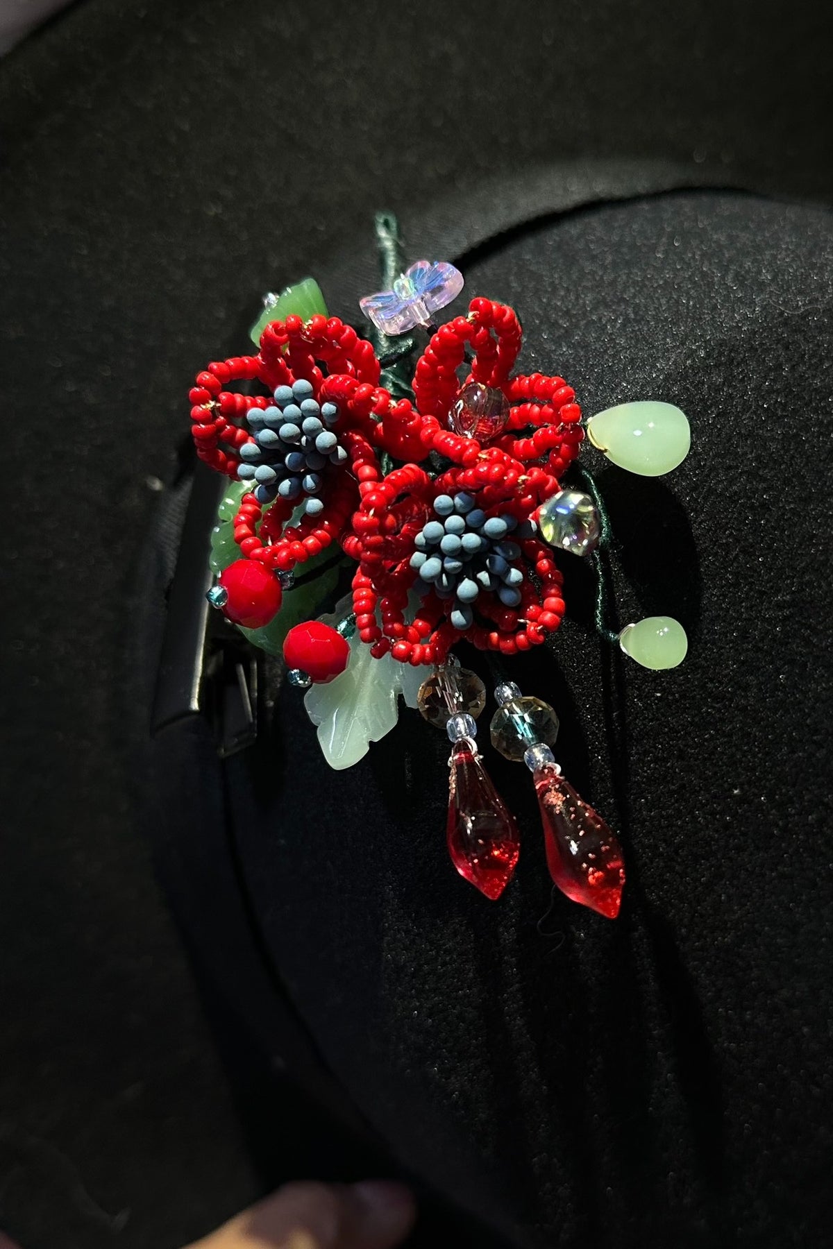 Beaded Floral Hair Clip with Red Flowers