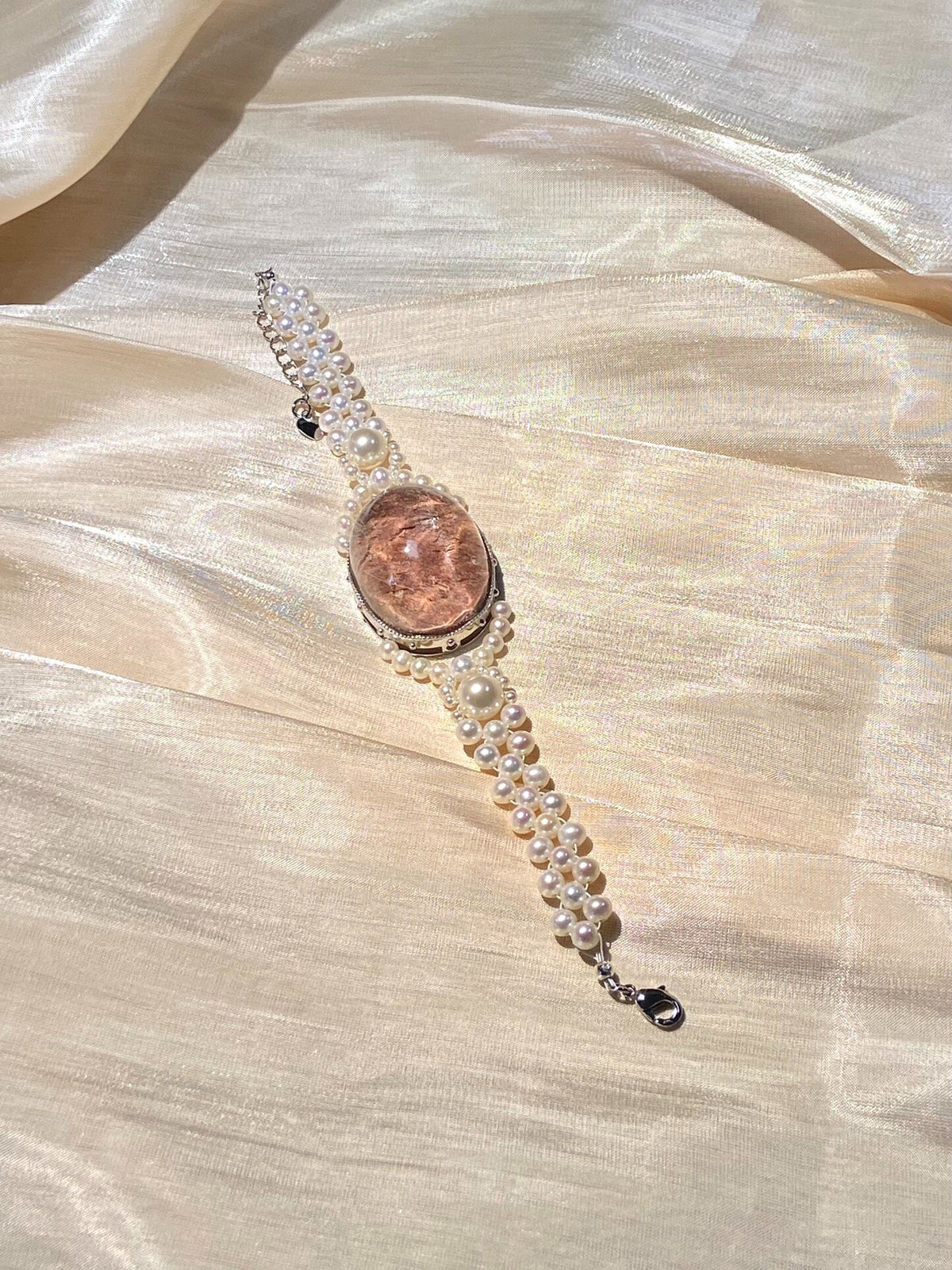 Peach Phantom Quartz Pearl Bracelet