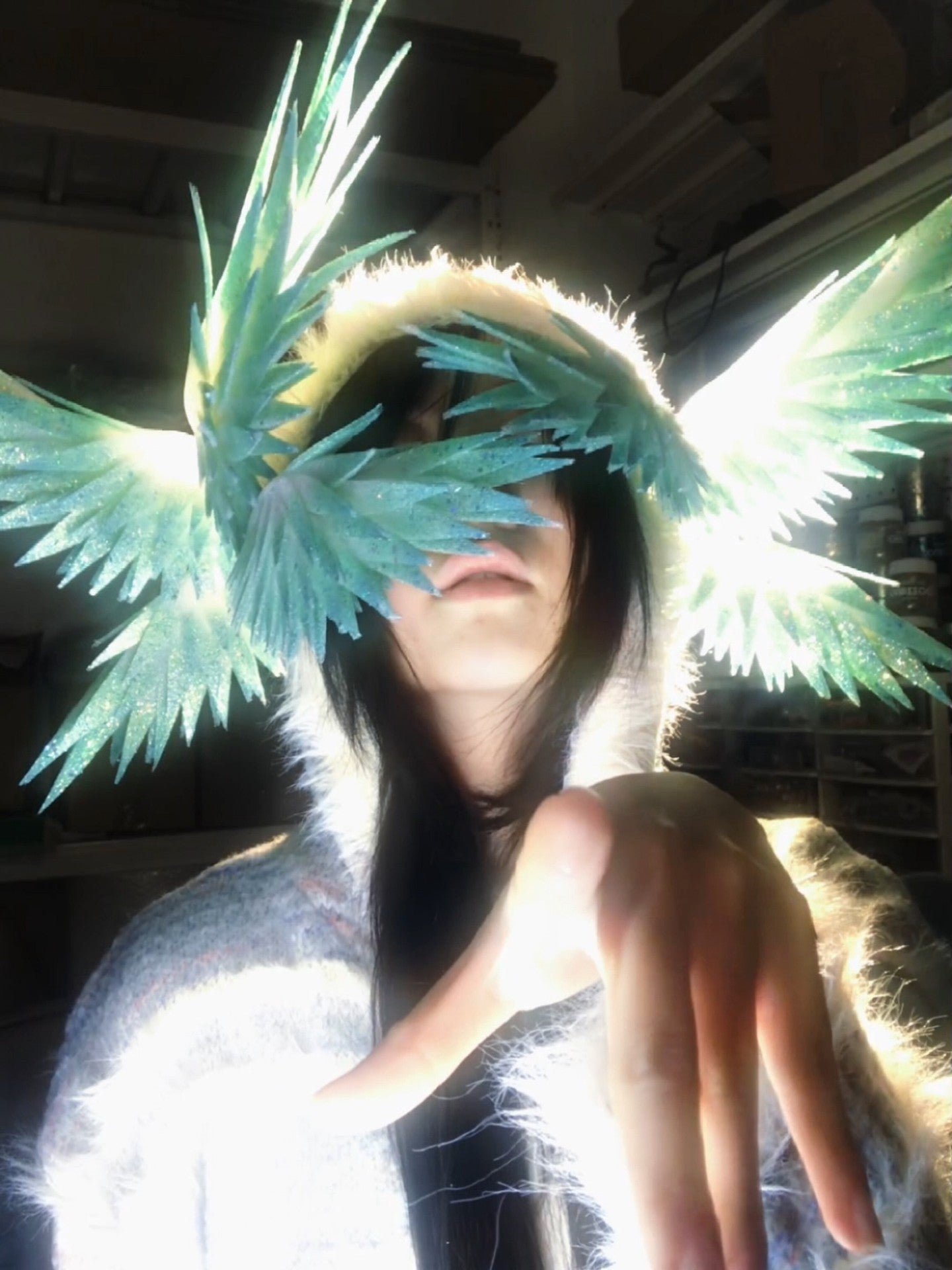 Handmade Hatsune Miku Style Translucent Green Wing Headpiece with Pearlescent Finish