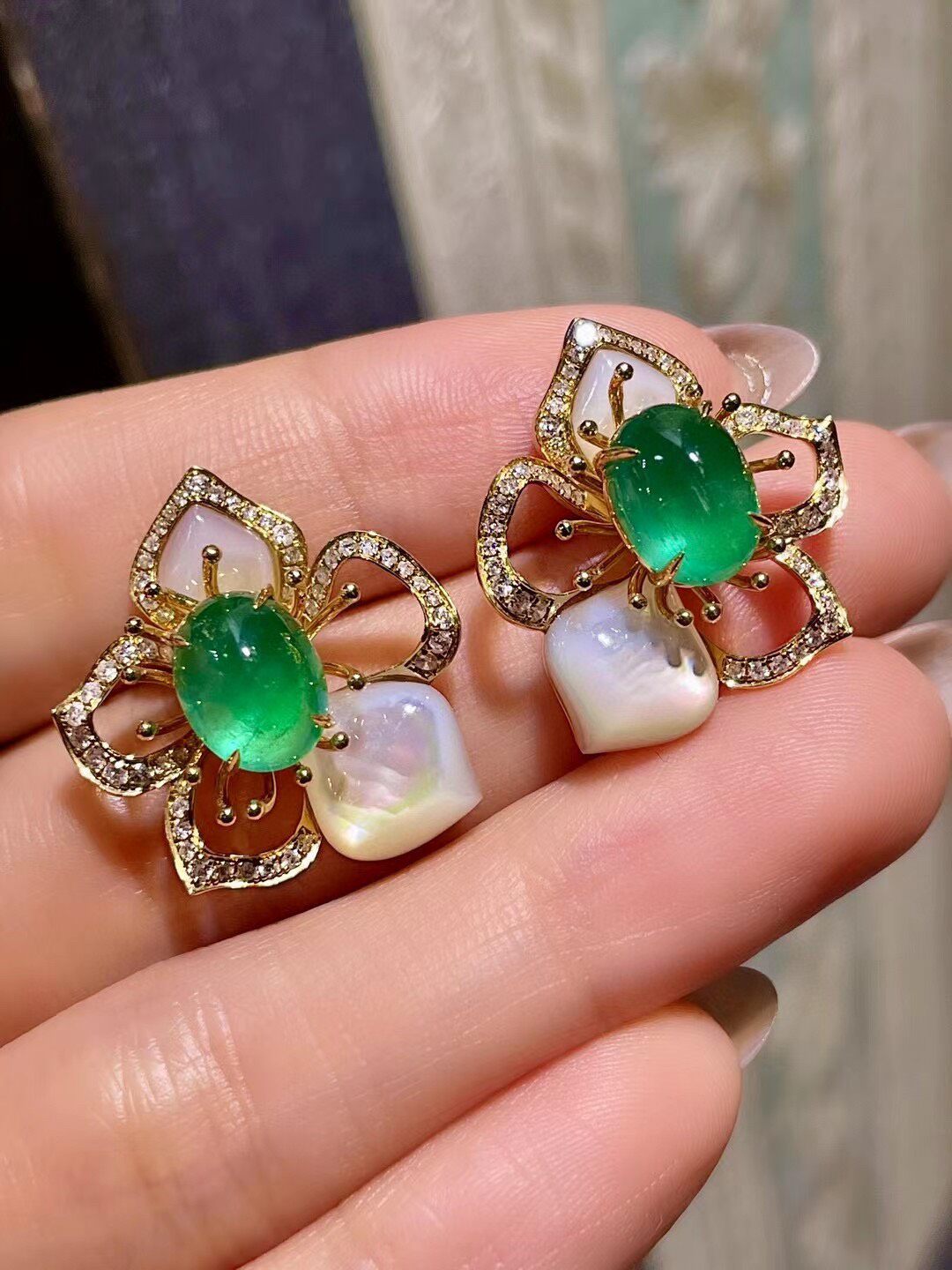 18K Gold Emerald and Diamond Floral Pearl Stud Earrings
