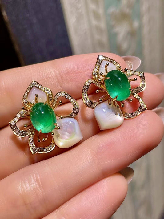 18K Gold Emerald and Diamond Floral Pearl Stud Earrings