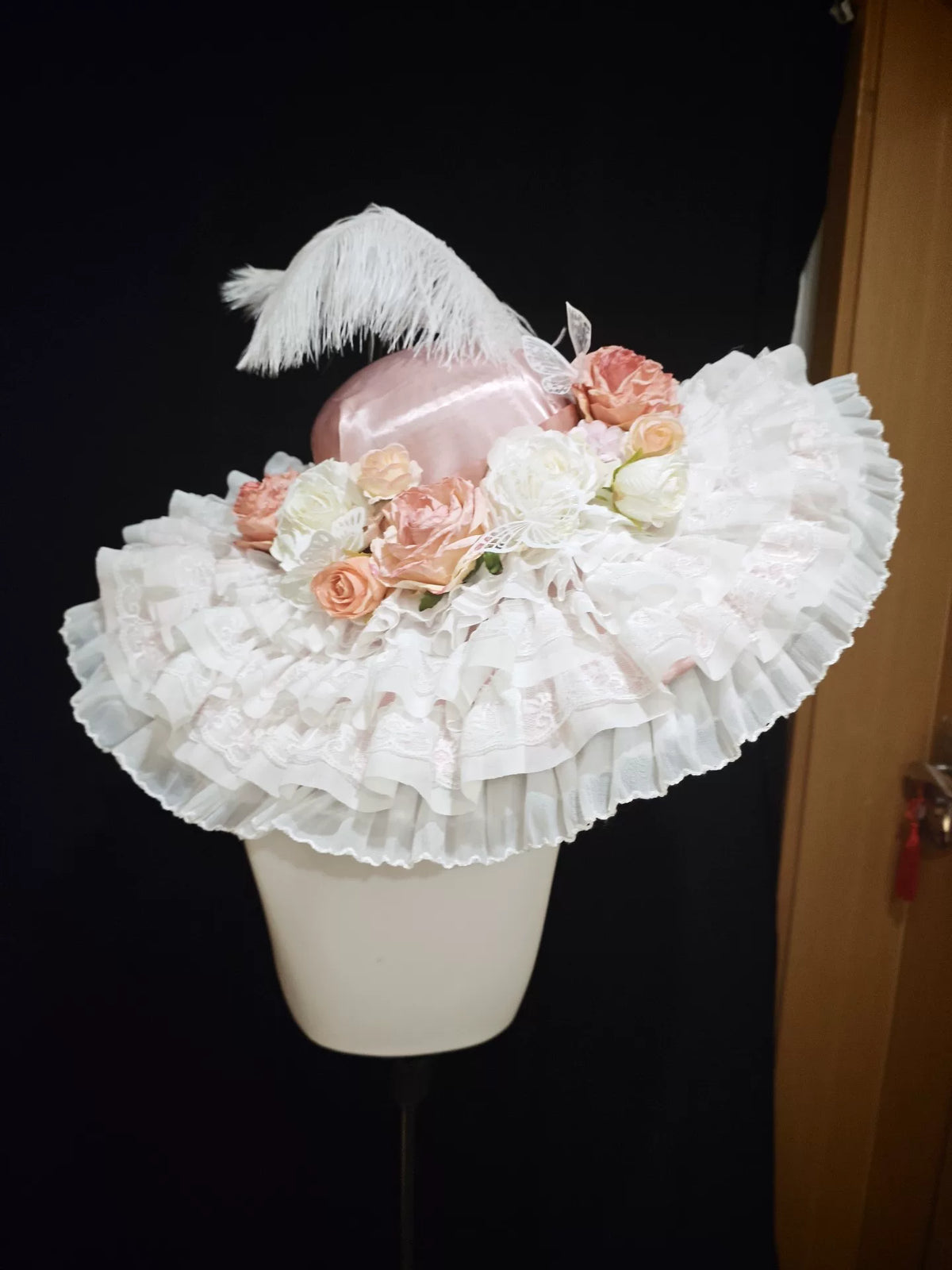 Pink Lace Flower Hat with Feather