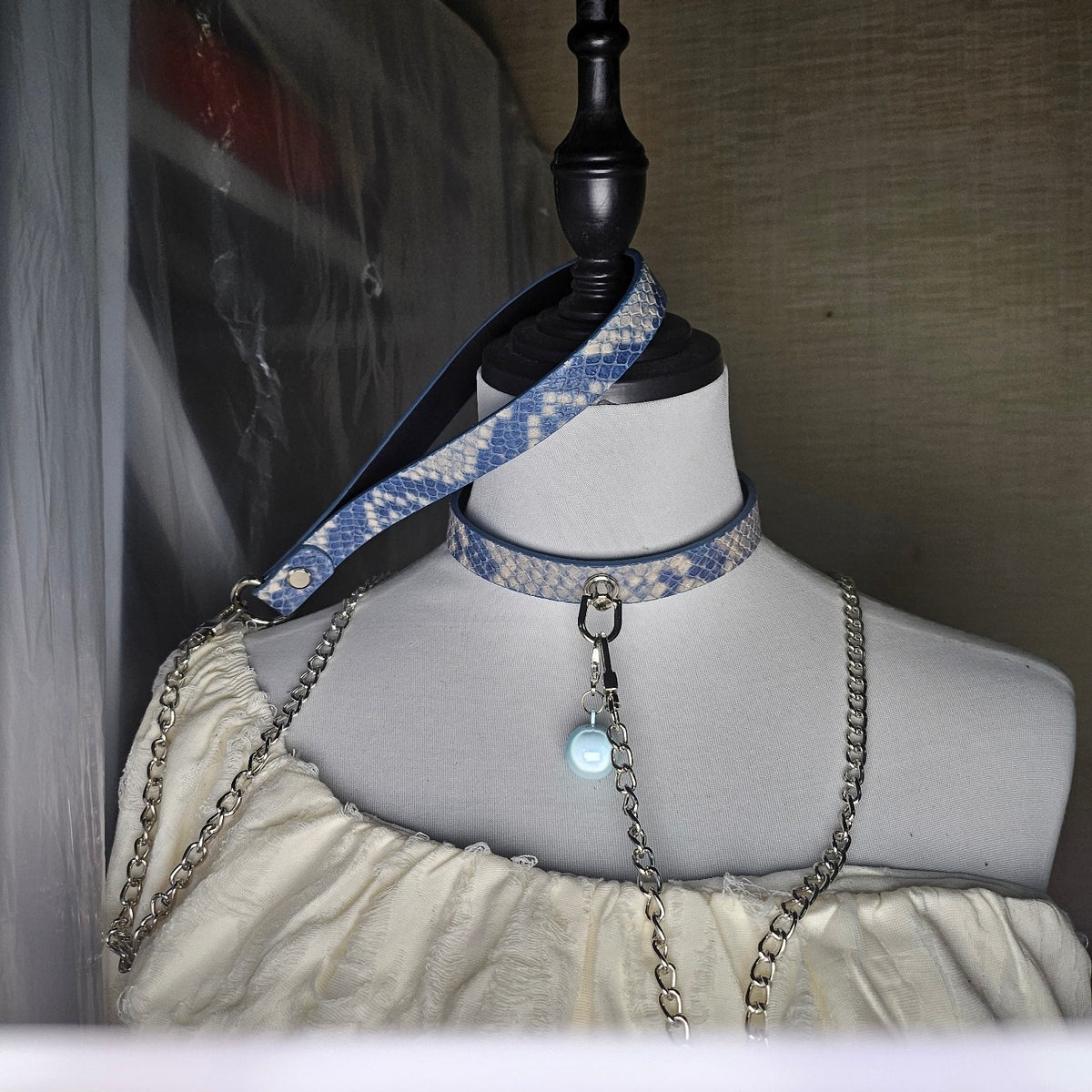 Snakeskin Leather Choker with Silver Chain