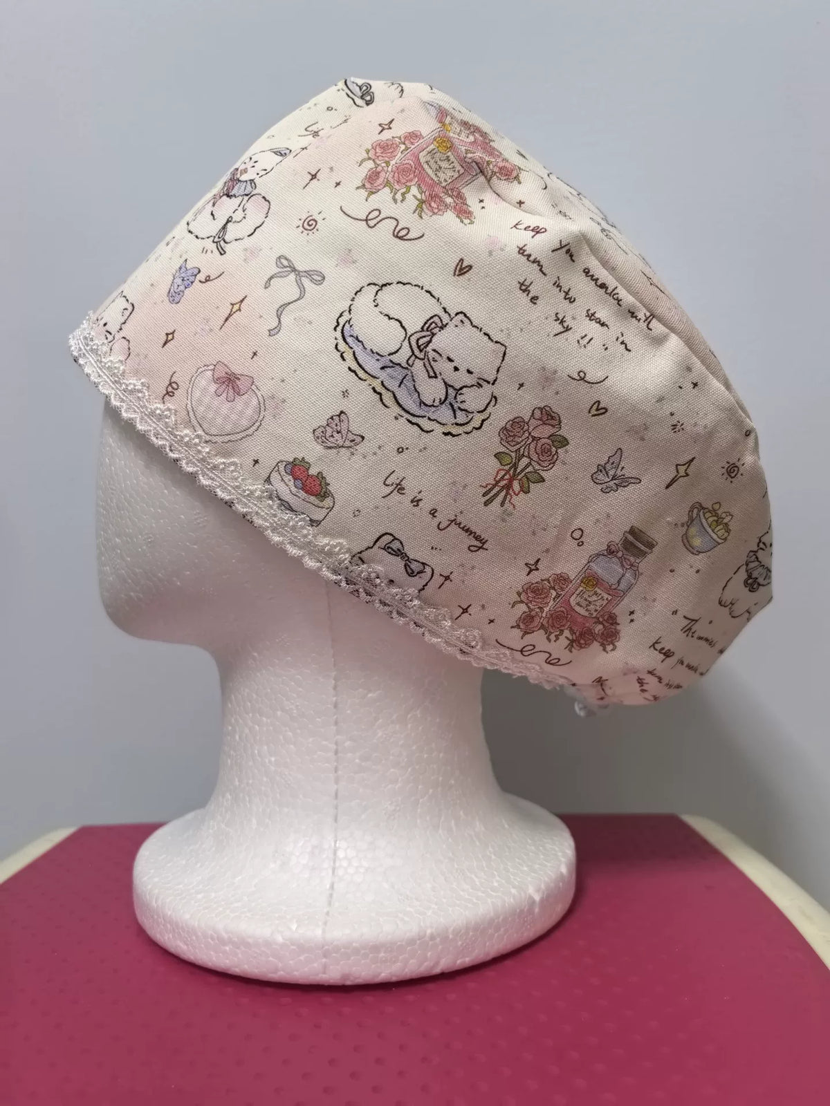 Cotton Canvas Cat Rose Print Surgical Cap