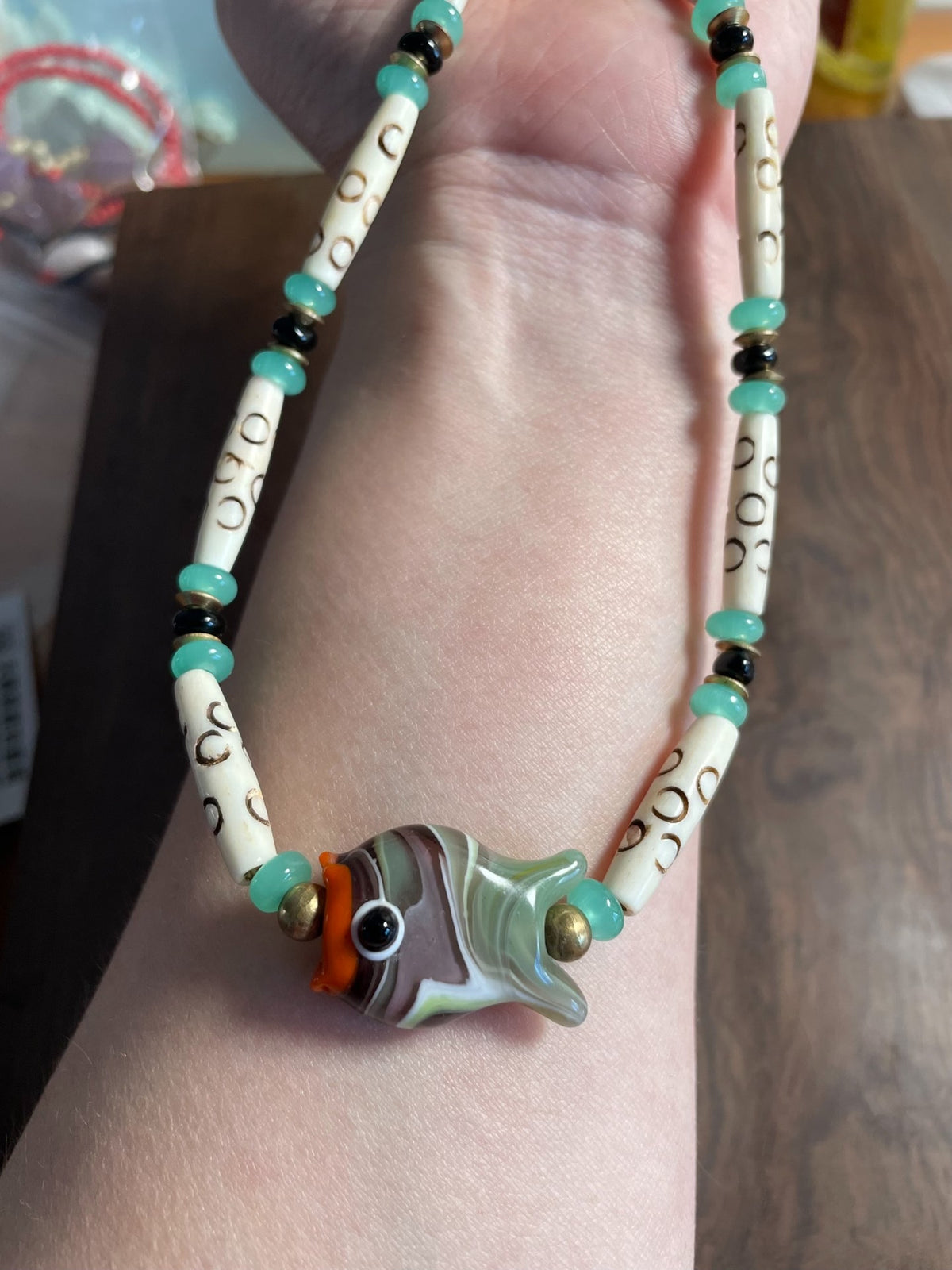 Phoenician Glass Fish Pendant Ox Bone Bead Necklace