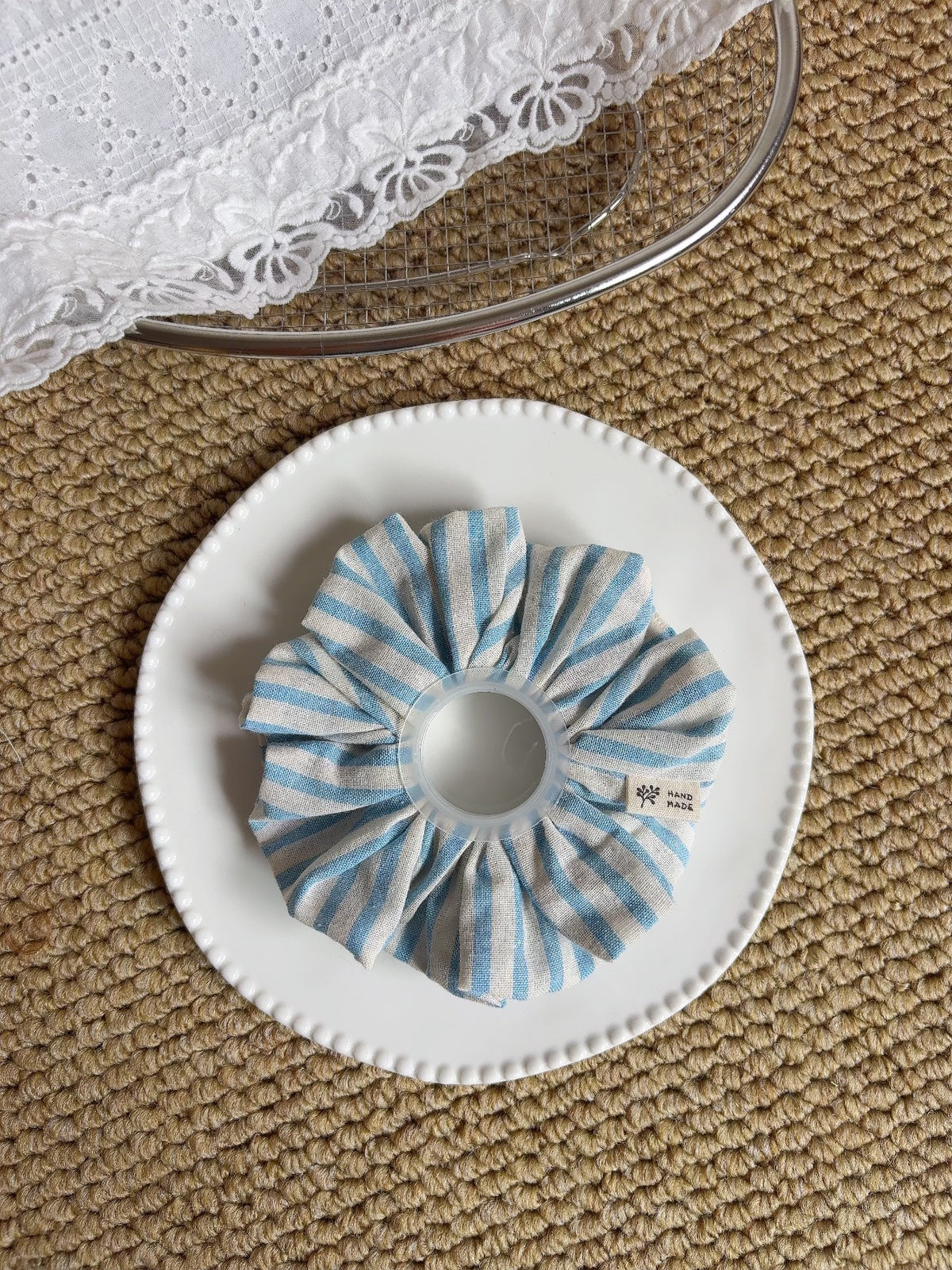 Handmade Gray Blue Striped Hair Tie