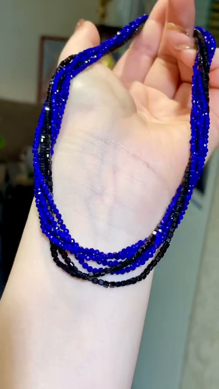 Six-Layer Blue and Black Beaded Necklace