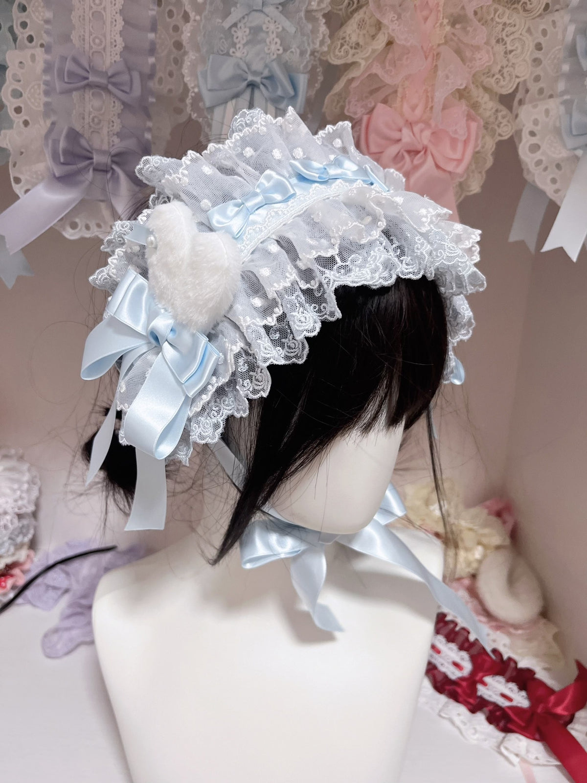 Baby Blue Lolita Bonnet with Heart Appliques