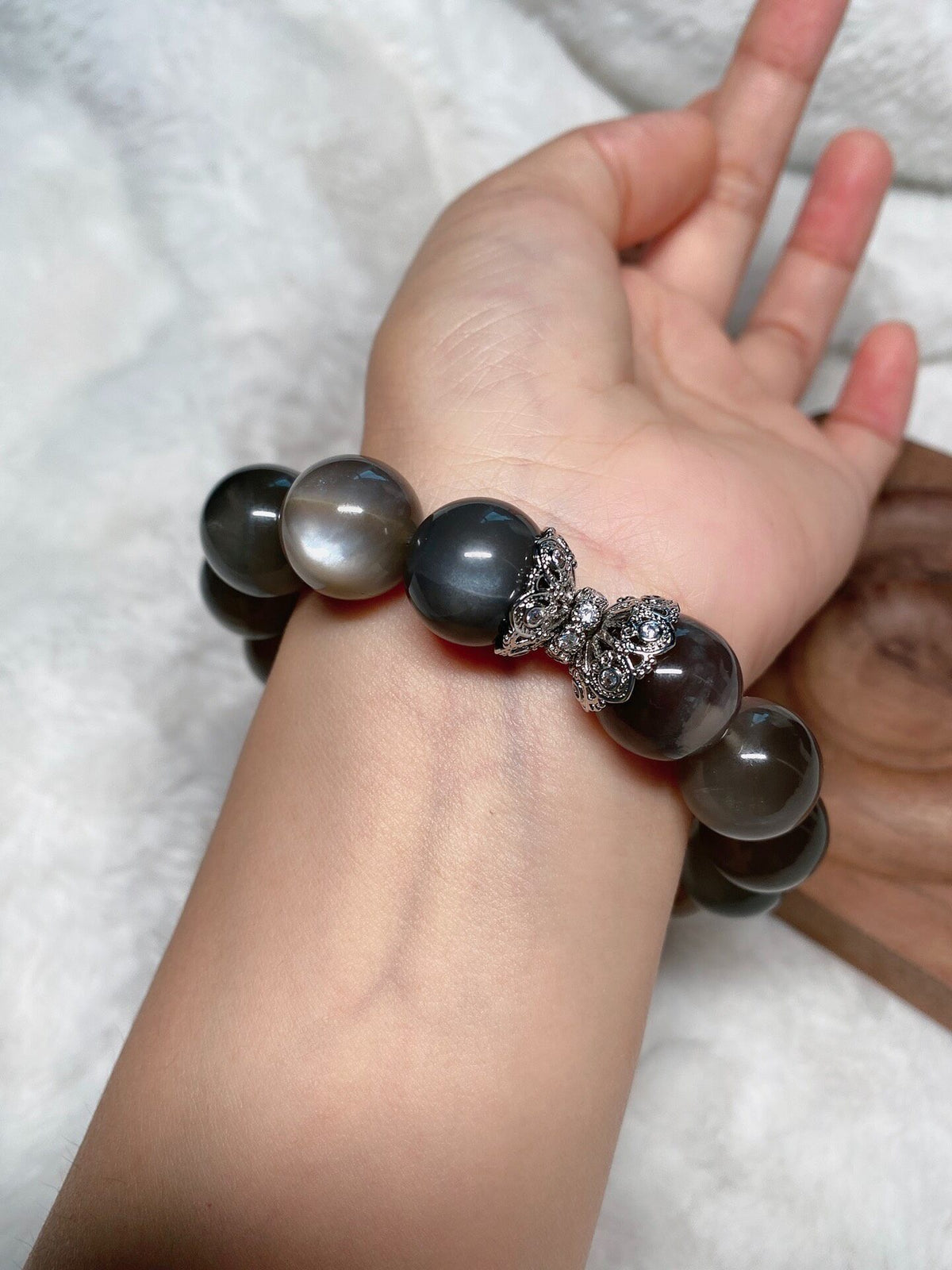 Moonstone Beaded Bracelet 15mm Silver Charm