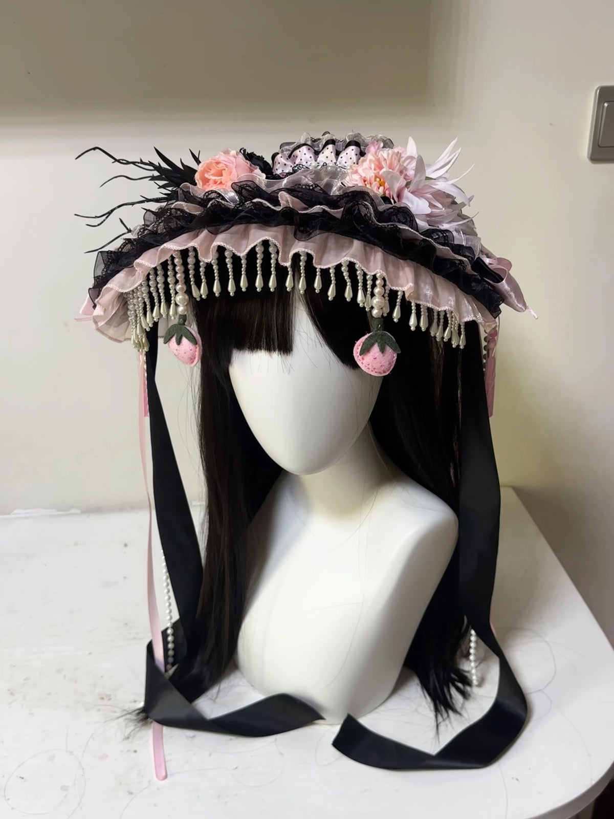 Black Pink Lolita Bonnet Hat with Pearls