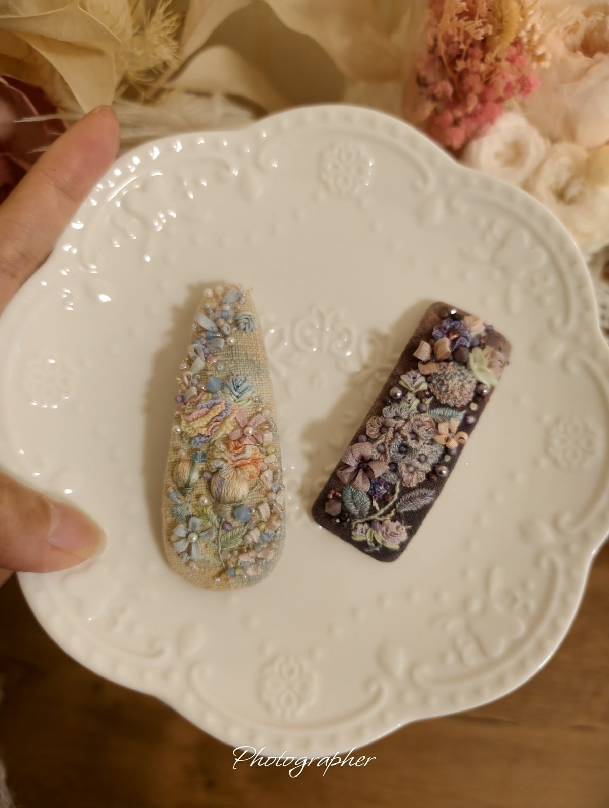 Handmade French Embroidery Hair Clips Imported Fabric