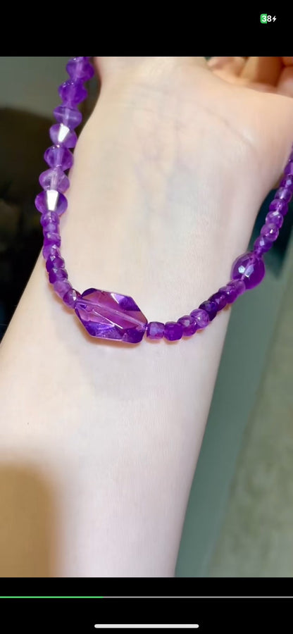 Amethyst Necklace with Freeform Crystal Centerpiece and Faceted Beads