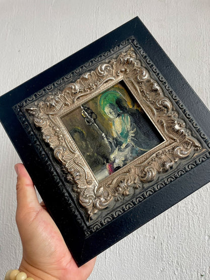 Framed Original Hand-Painted Oil Painting "Asking Earth Store" 10x10cm Canvas with Ornate Silver and Black Frame