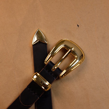 Matte Black Leather Belt with Gold-Tone Shield Buckle