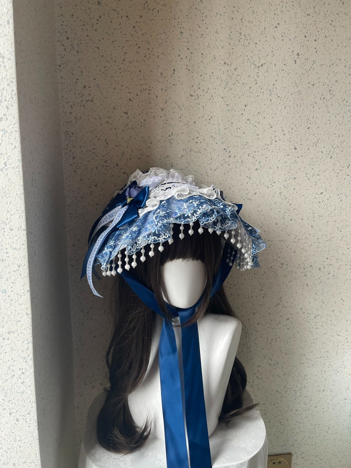 Lolita Blue White Lace Bonnet Hat