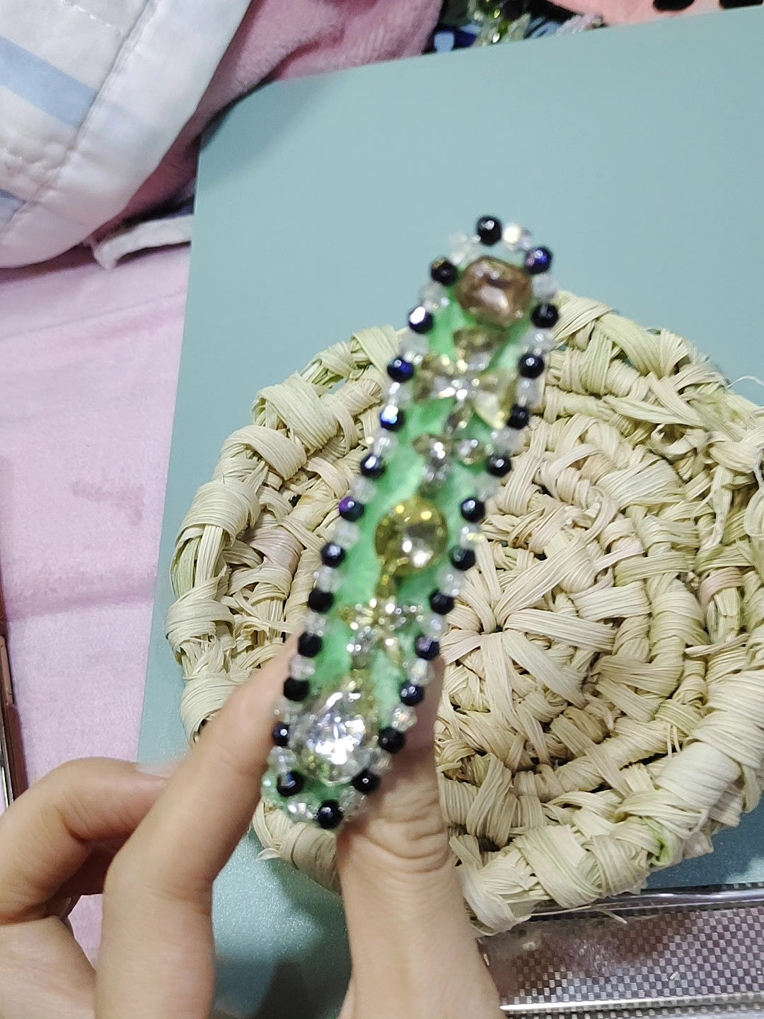 Mintgroene Kristal-beaded DIY Haarspeld
