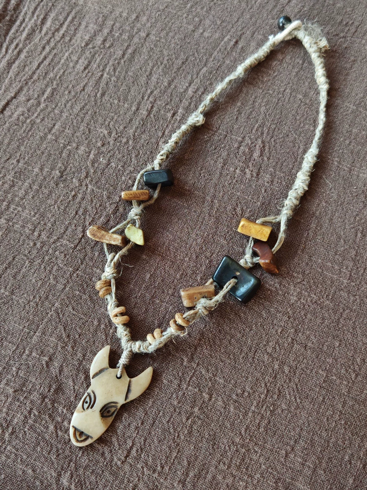 Yak Bone Tribal Necklace Plant Dyed Hemp Cord