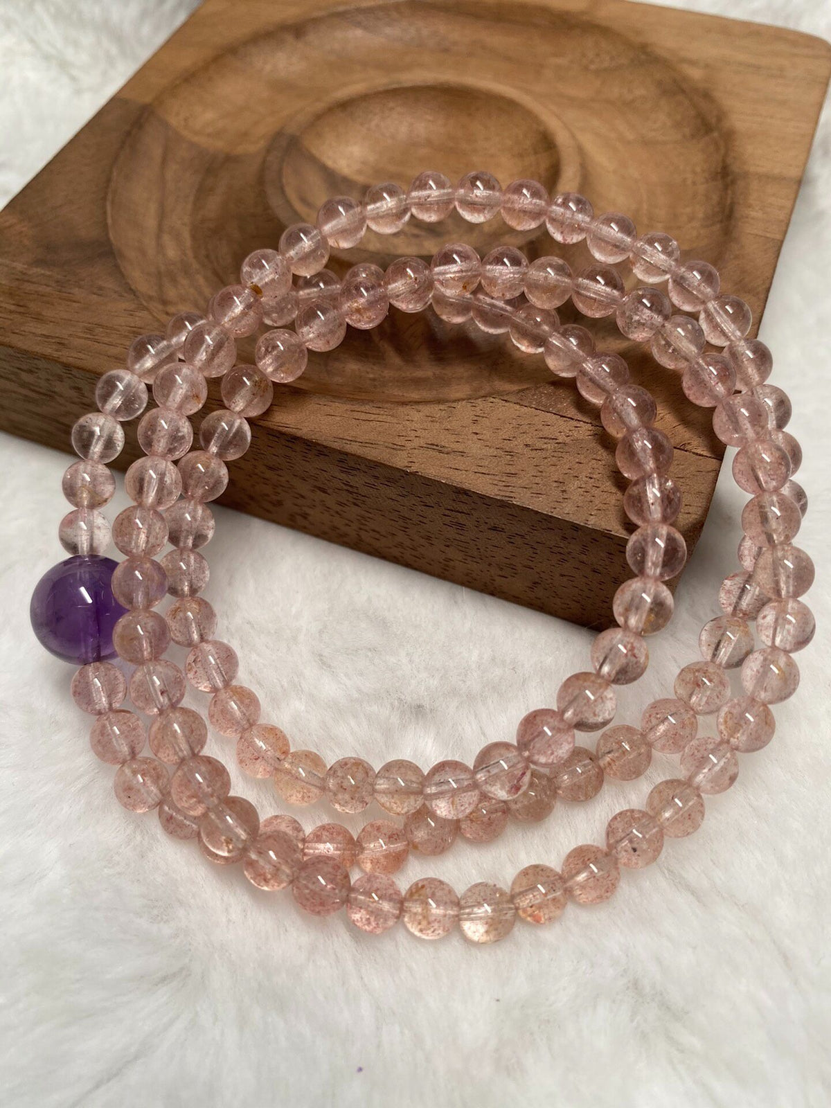 Triple Wrap Strawberry Quartz Bracelet Amethyst Bead