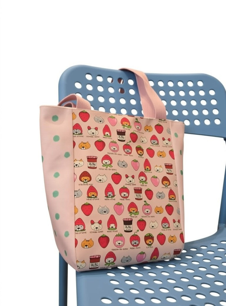 Color-Blocked Strawberry Cat Shoulder Tote