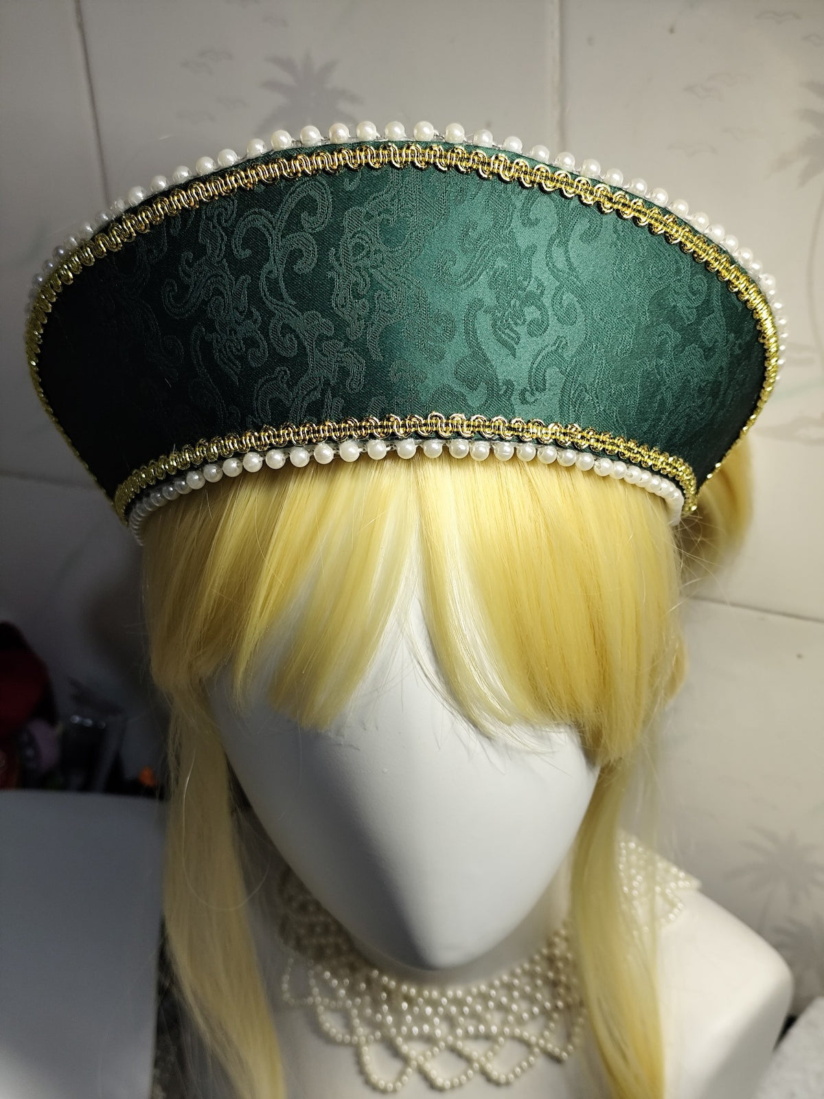 Green Damask Lolita Headpiece with Pearl Trim