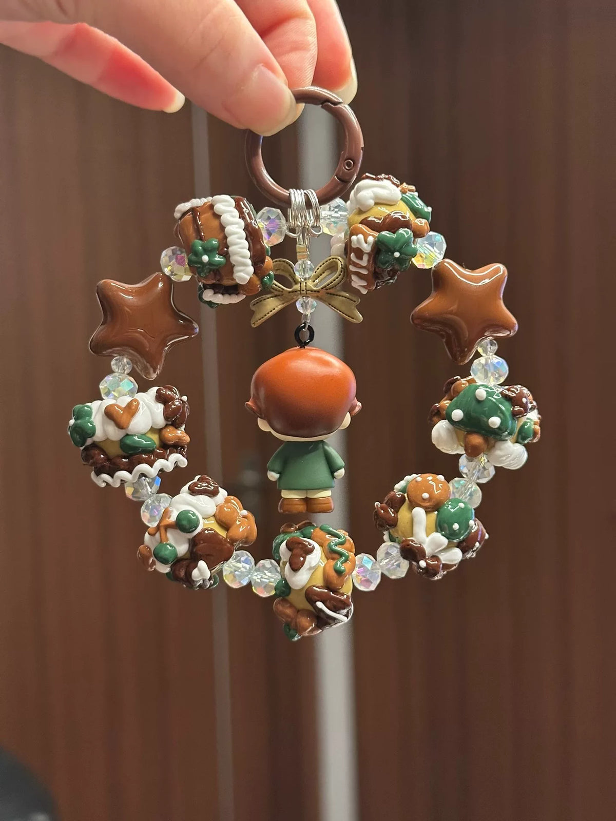 Green Brown Beaded Wreath Keychain