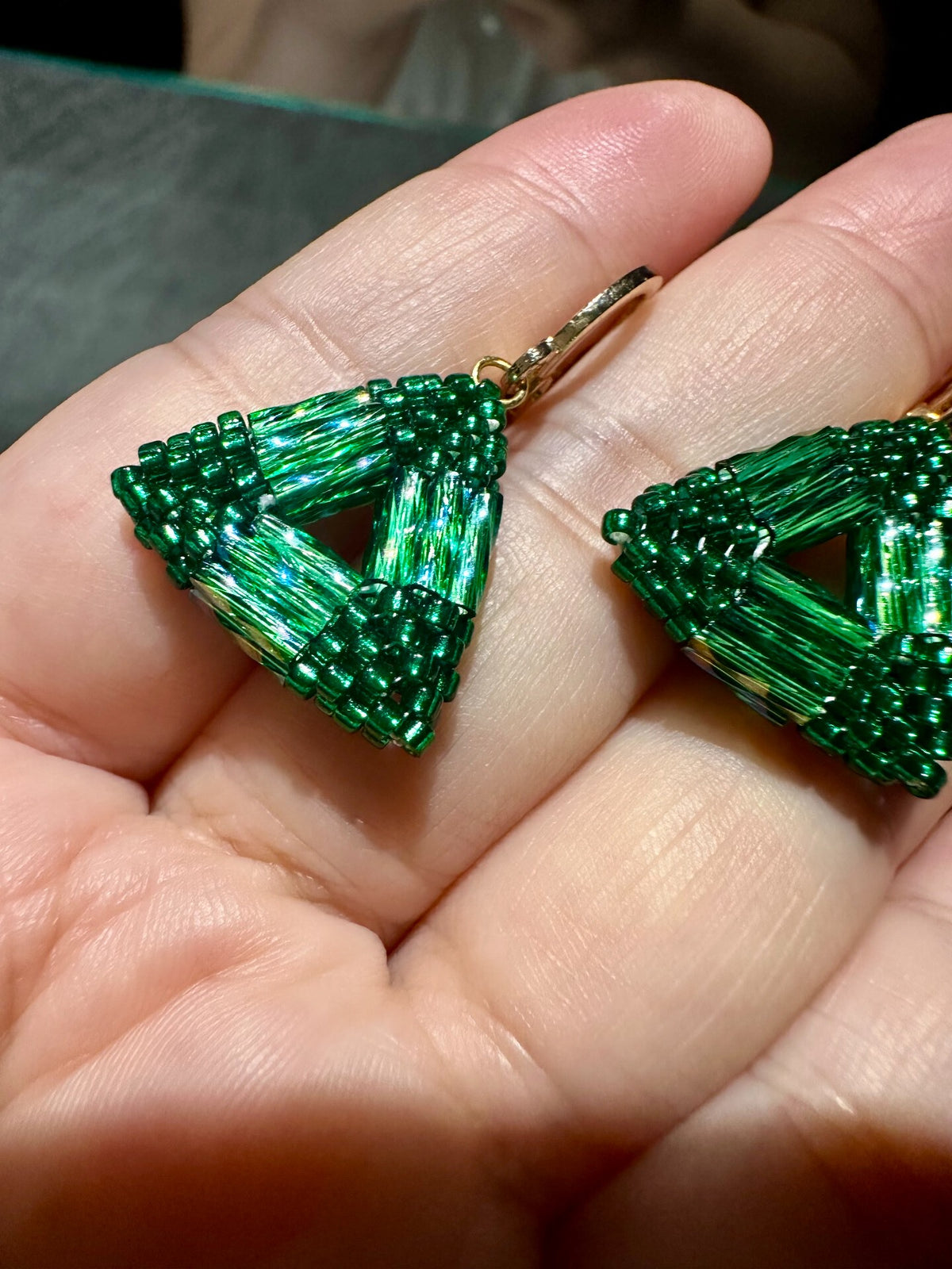 Handcrafted Emerald Green Beaded Triangle Earrings