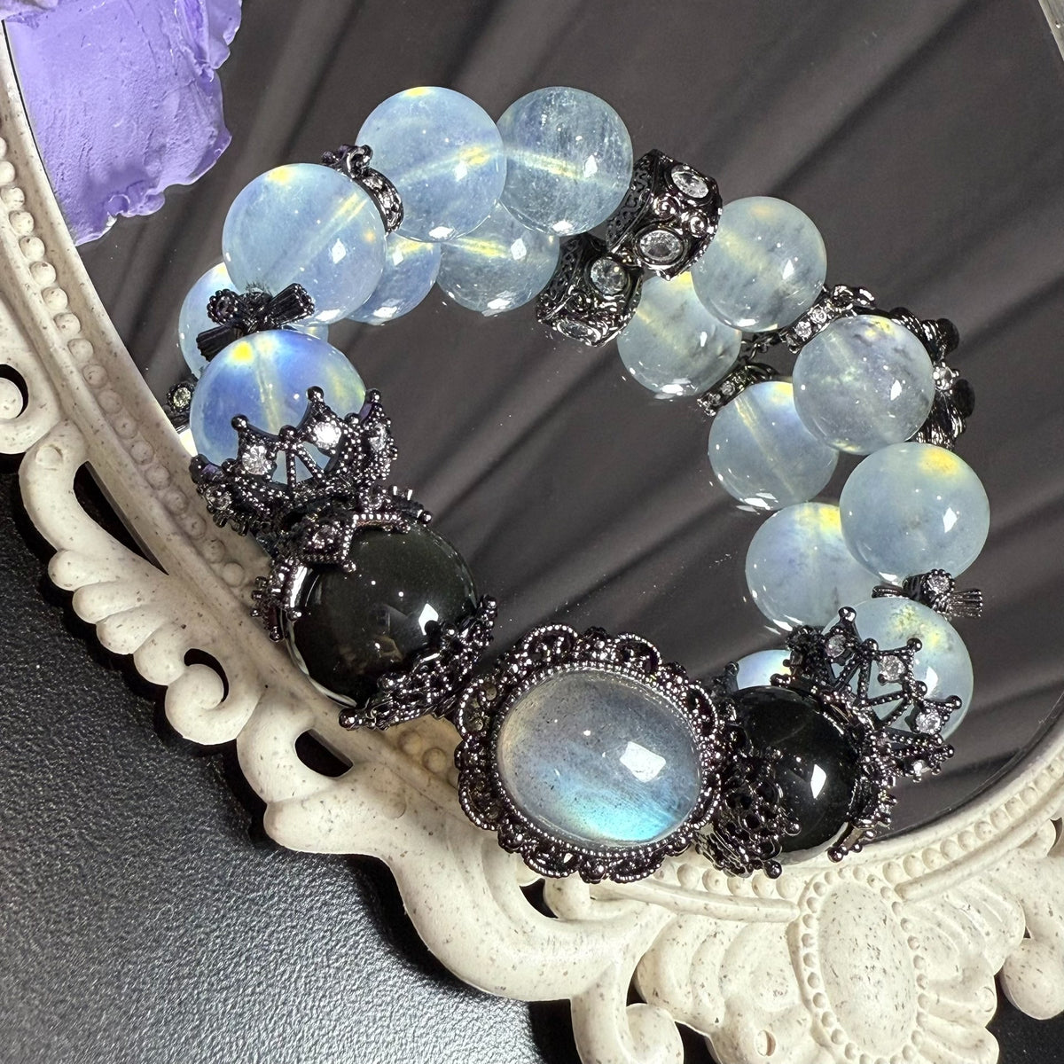 Labradorit Obsidian Aquamarin Perlenarmband