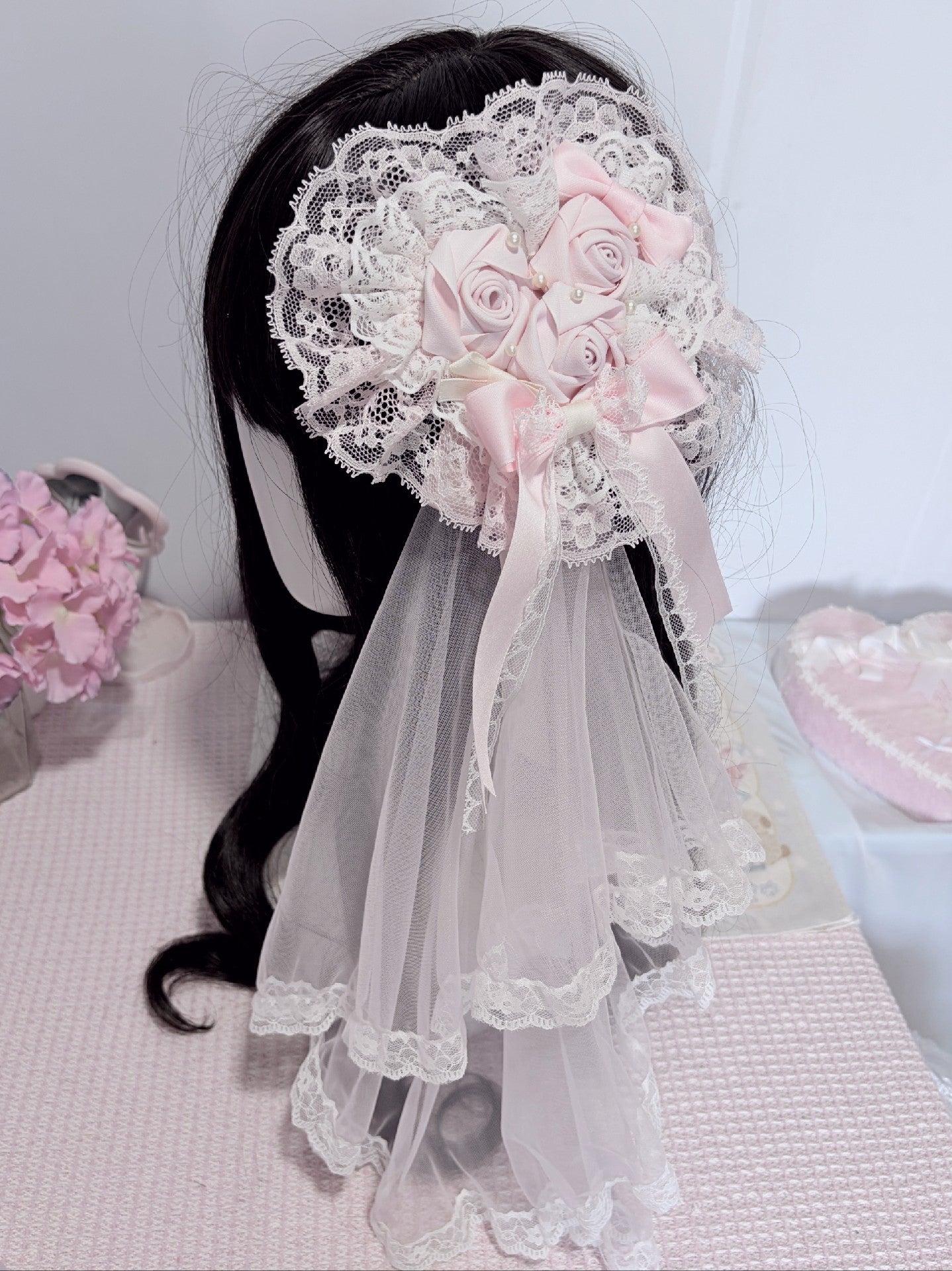 Pink Rose Heart Lace Hair Clip with Detachable Veil