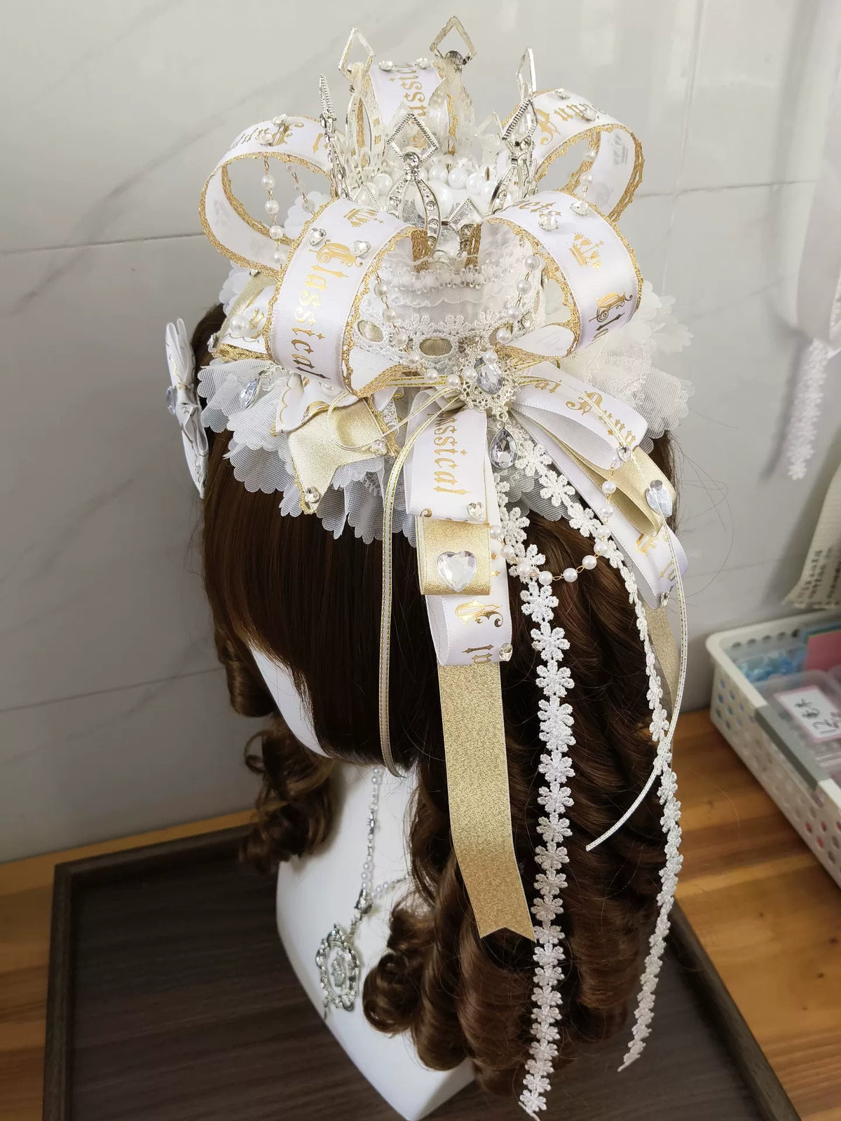 White Gold Crown Pearl Chain Lolita Hat