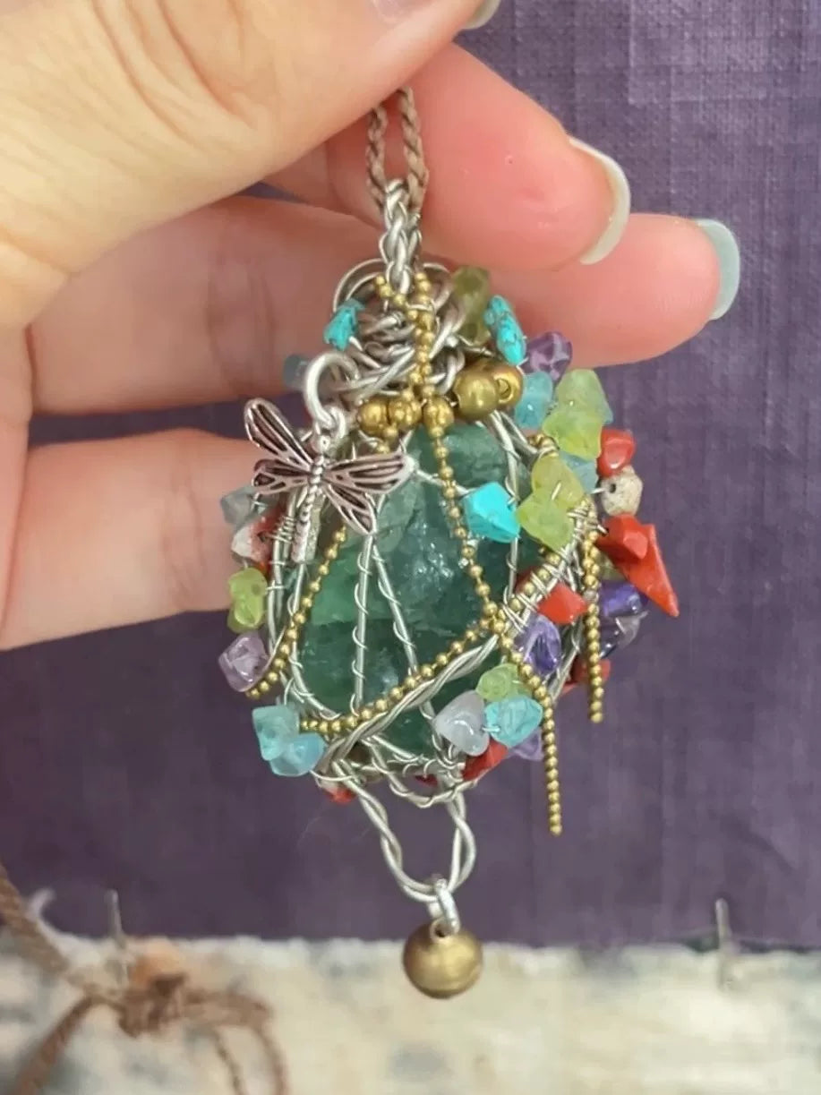 Handmade Copper Wire Wrapped Green Fluorite Pendant
