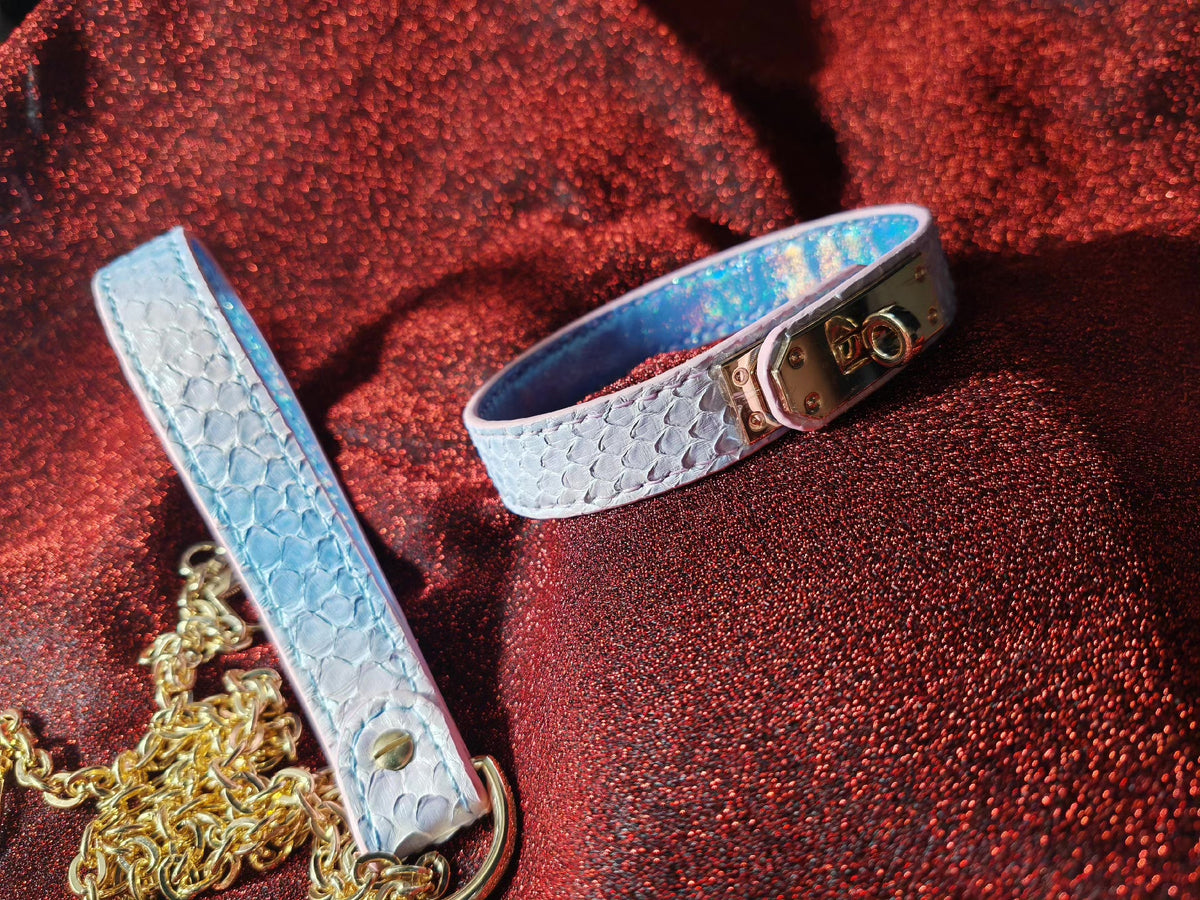 Rosa Blått Ormskinn Halsband Koppel Set