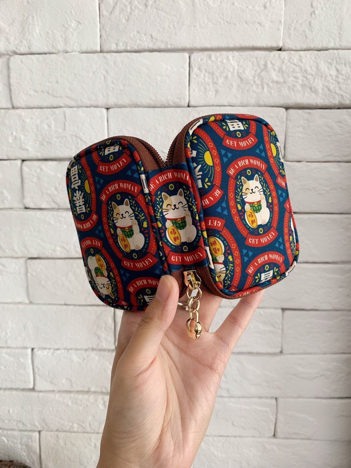 Navy Maneki-neko Zippered Pouch