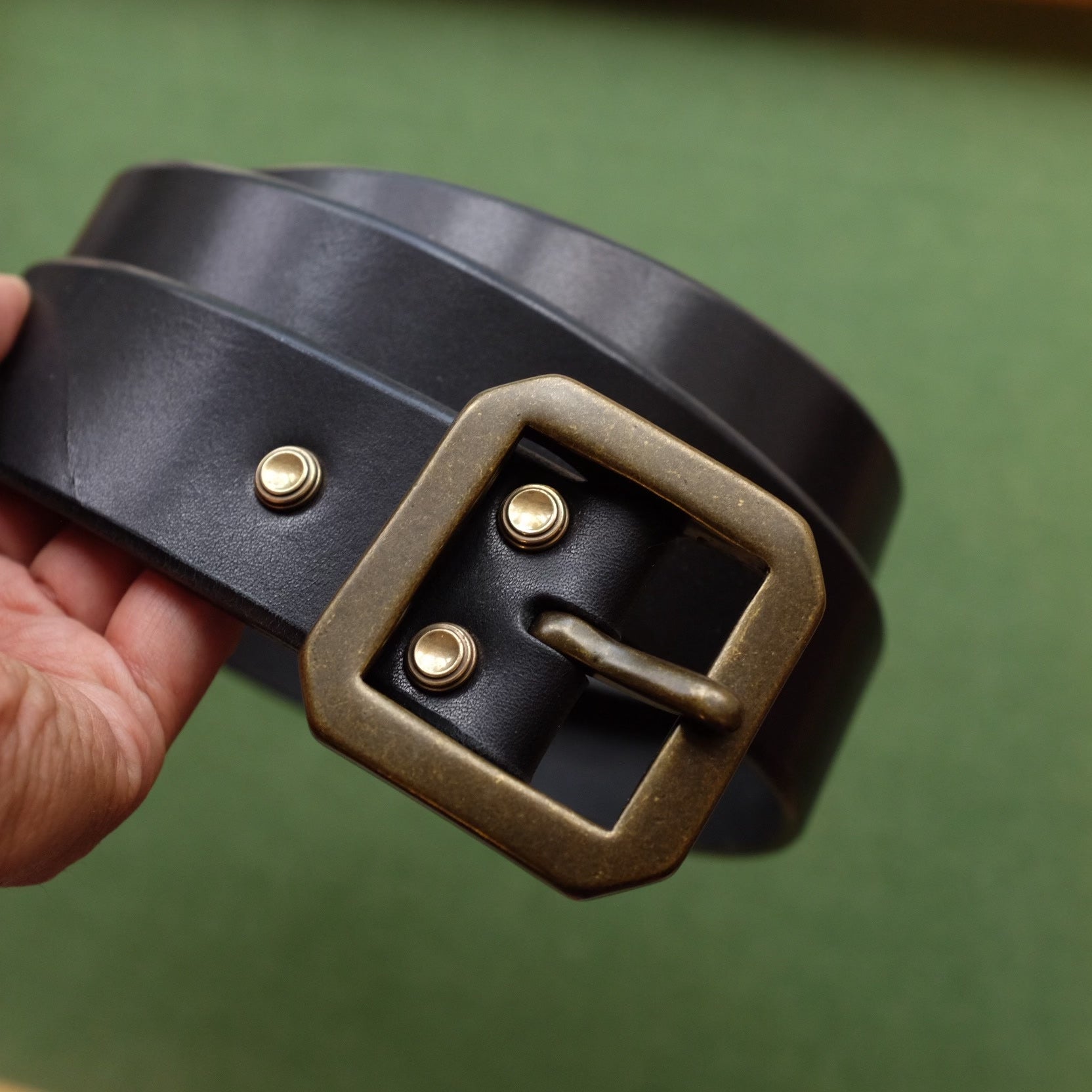 Black Leather Belt with Hexagonal Aged Brass Buckle and Three Rivets