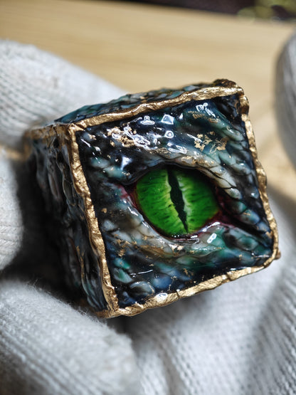 Custom Handmade Resin d20 Die with Snake Eye and Gold Leaf Design