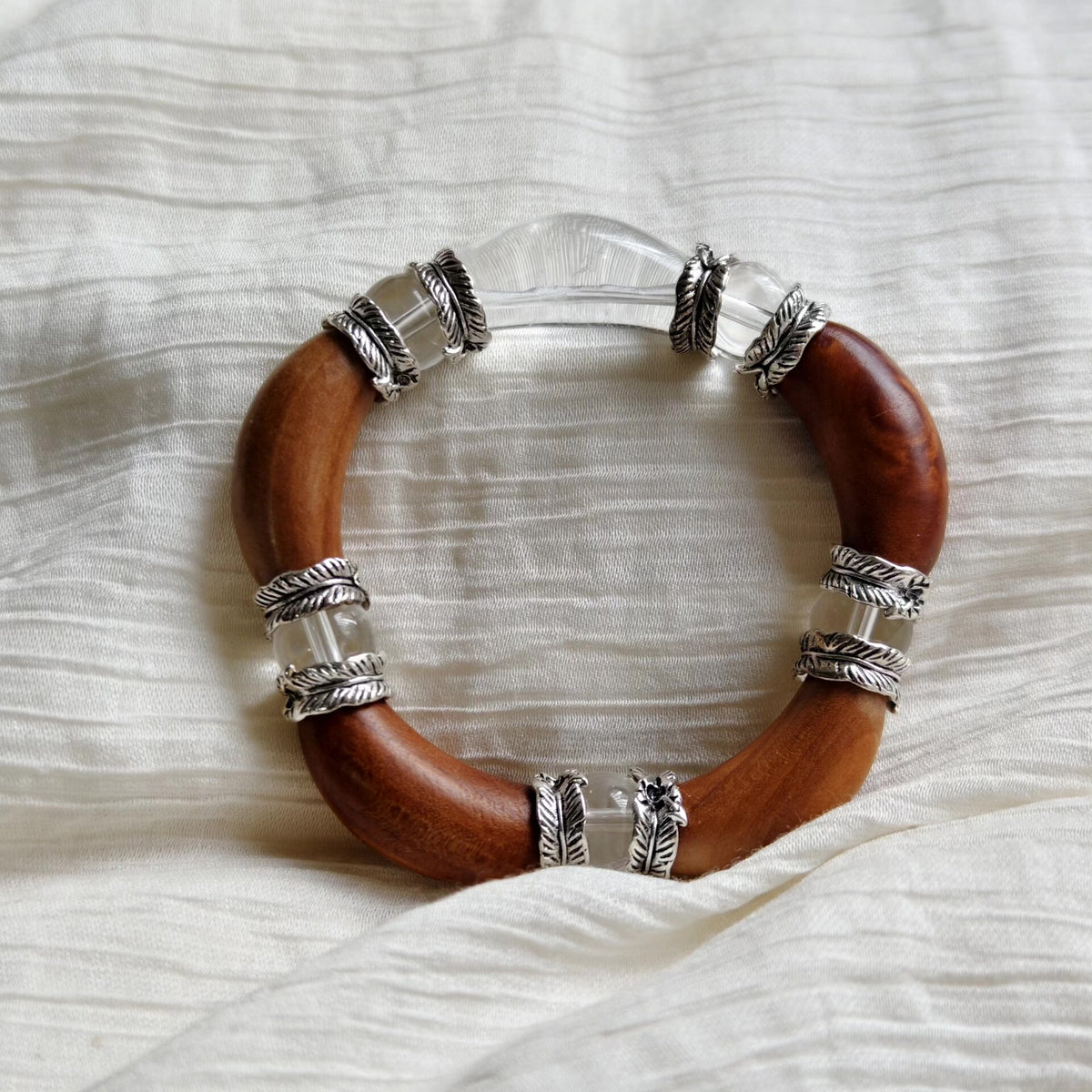 Peach Wood and Clear Crystal Bangle Bracelet