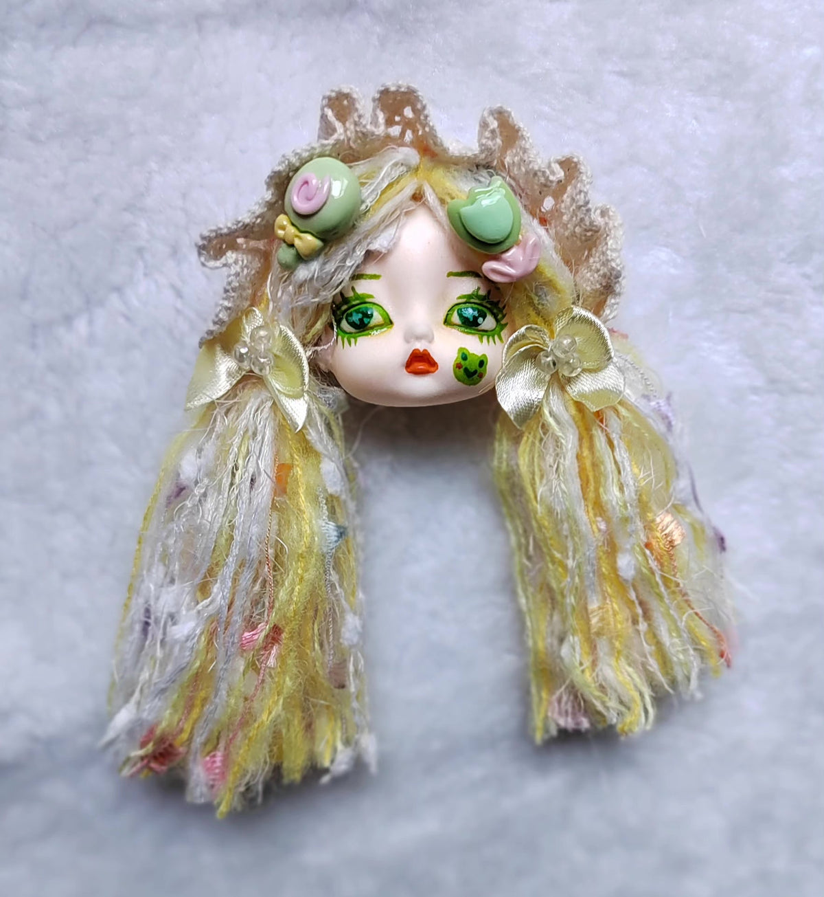 Handmade Clay Frog Doll Head Brooch
