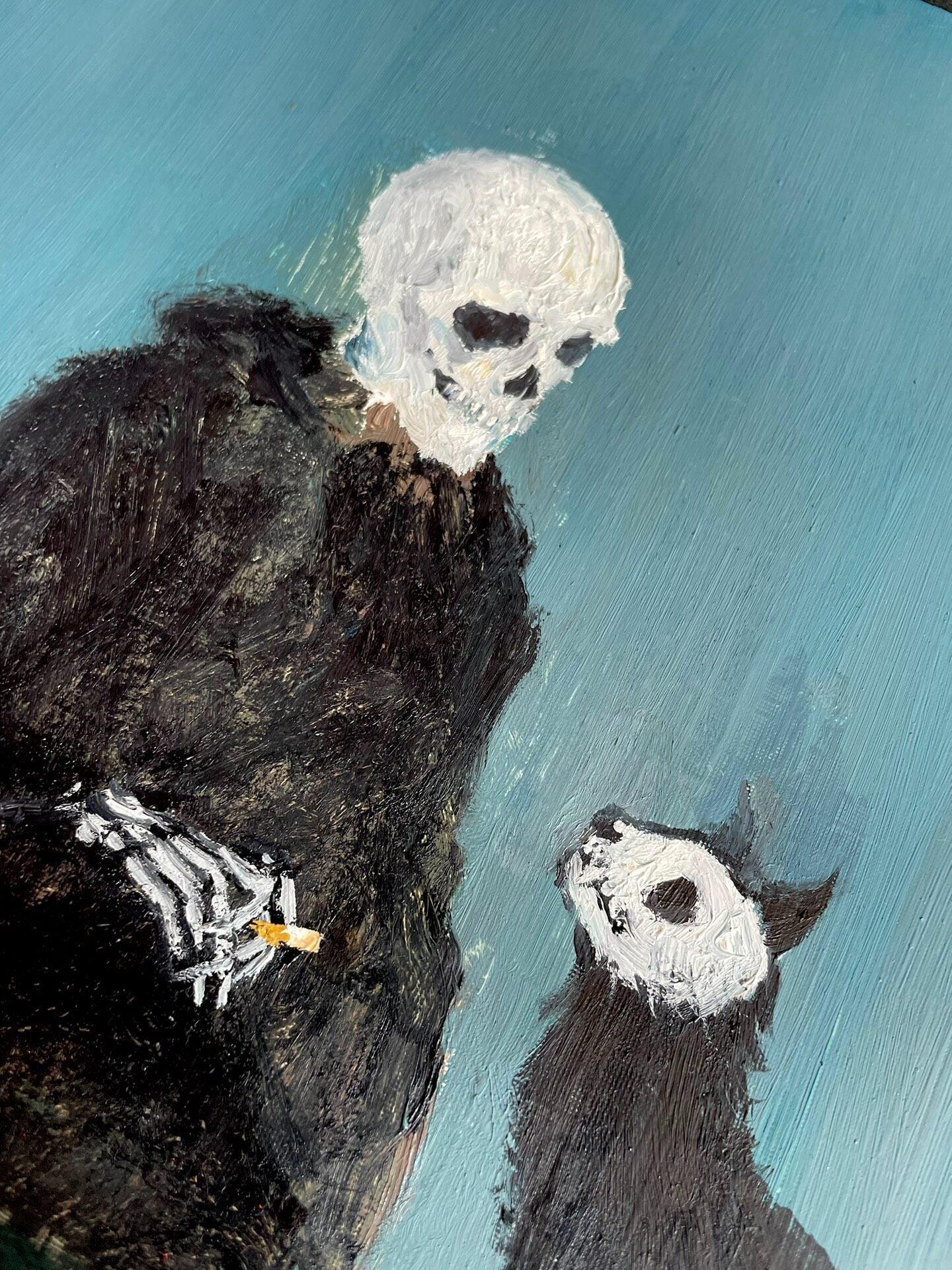 20x20cm Hand-Painted Oil Easel Painting, Skeleton Figure with Cat