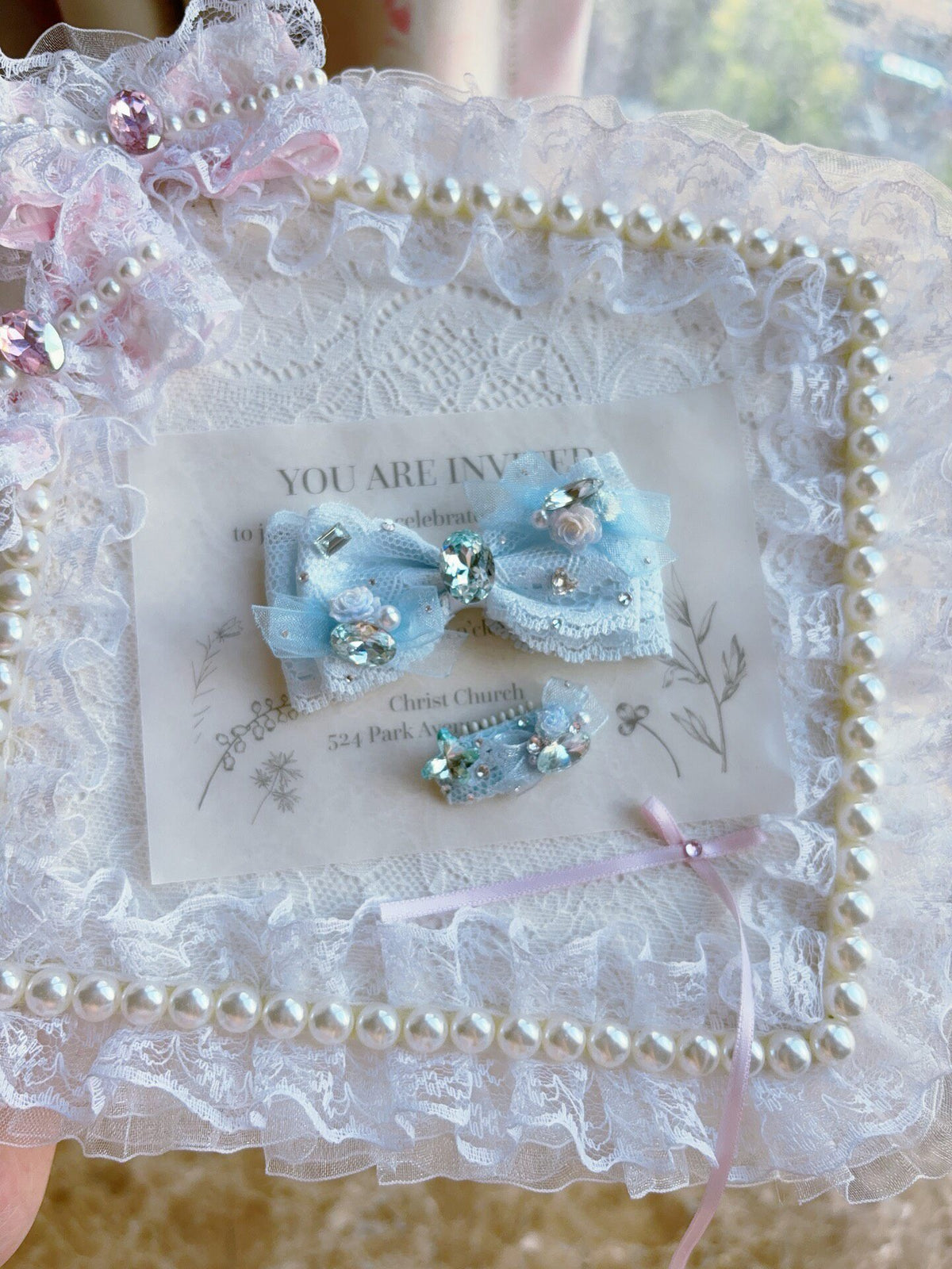 Blue Lace Crystal Bow Hair Clip