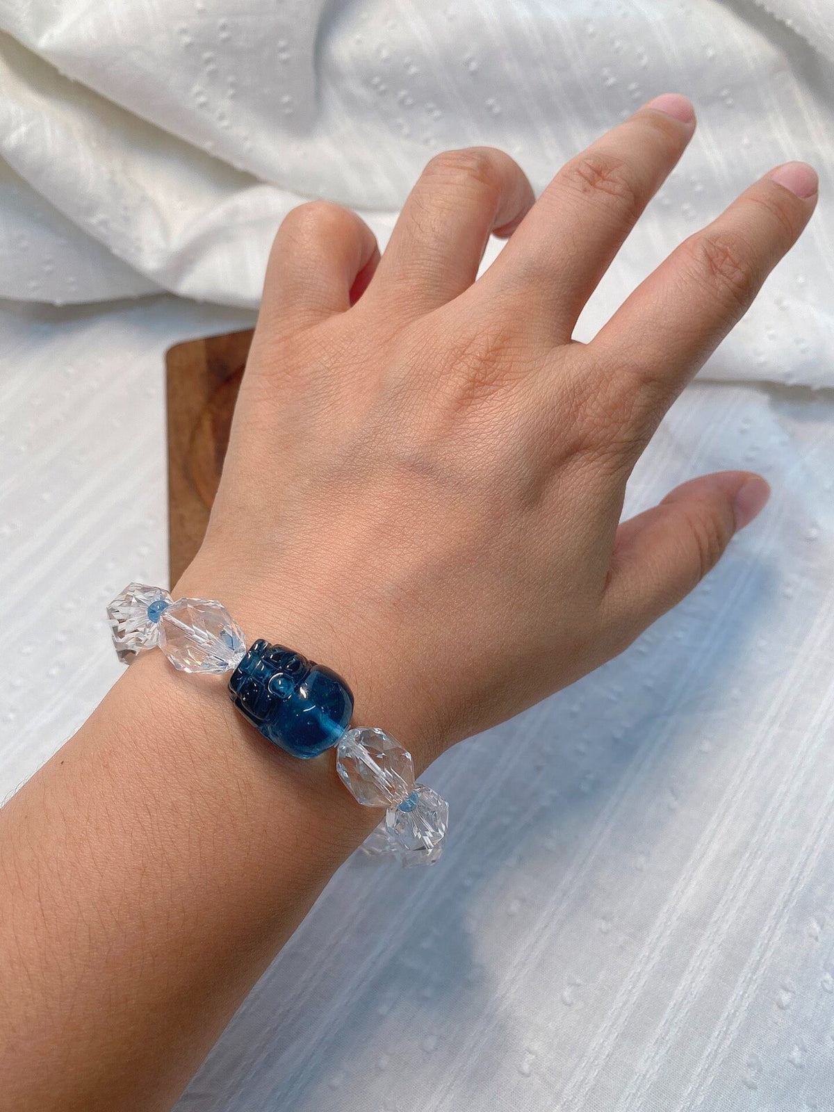 White Crystal Aquamarine Pixiu Beaded Bracelet