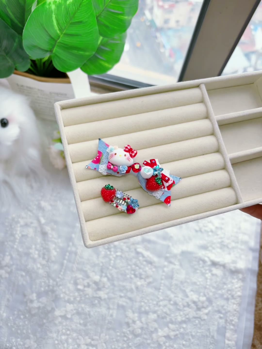 Strawberry Denim Cat Bow Pet Hair Clip Set