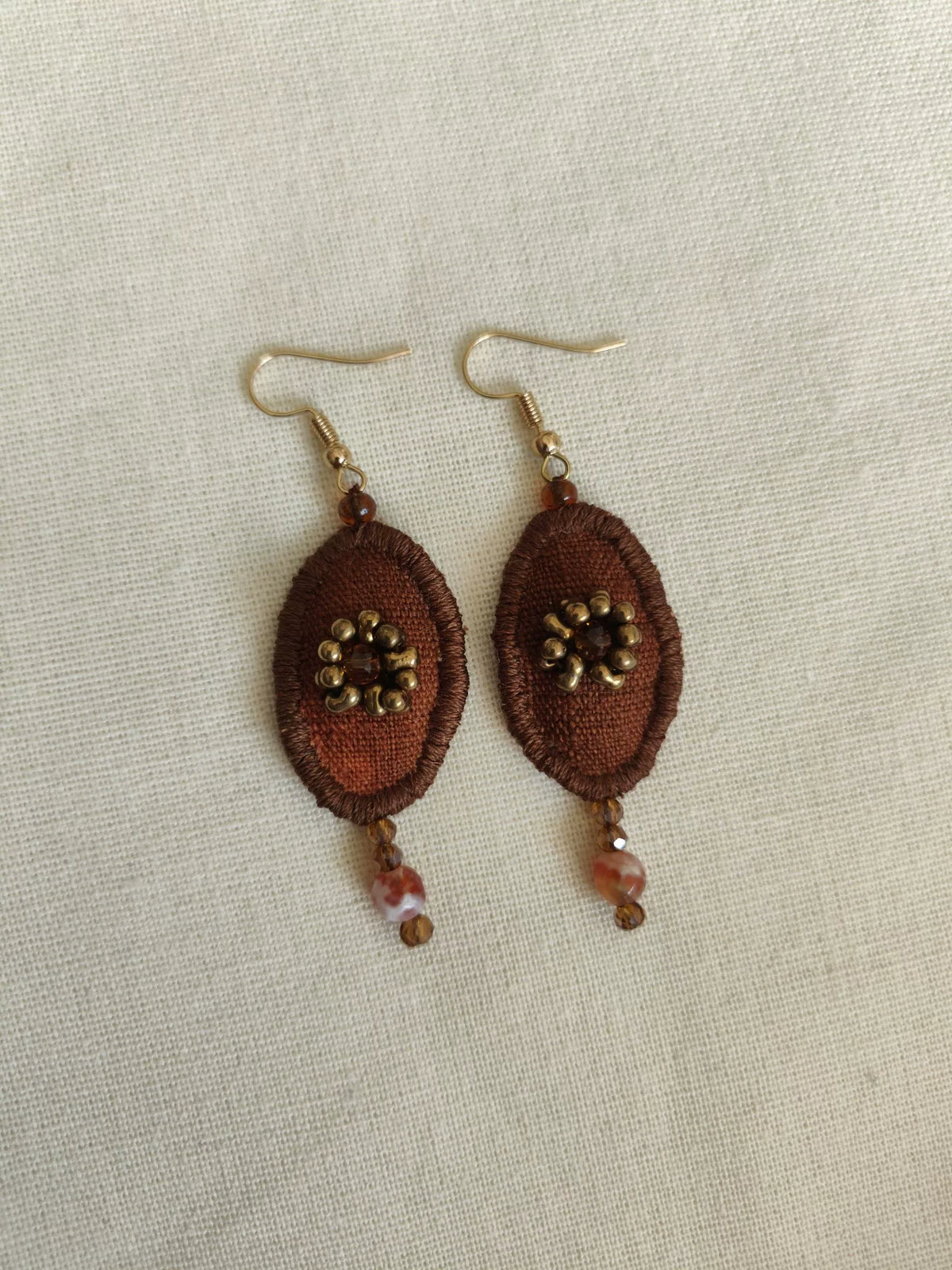 Handmade Brown Fabric Oval Dangle Earrings