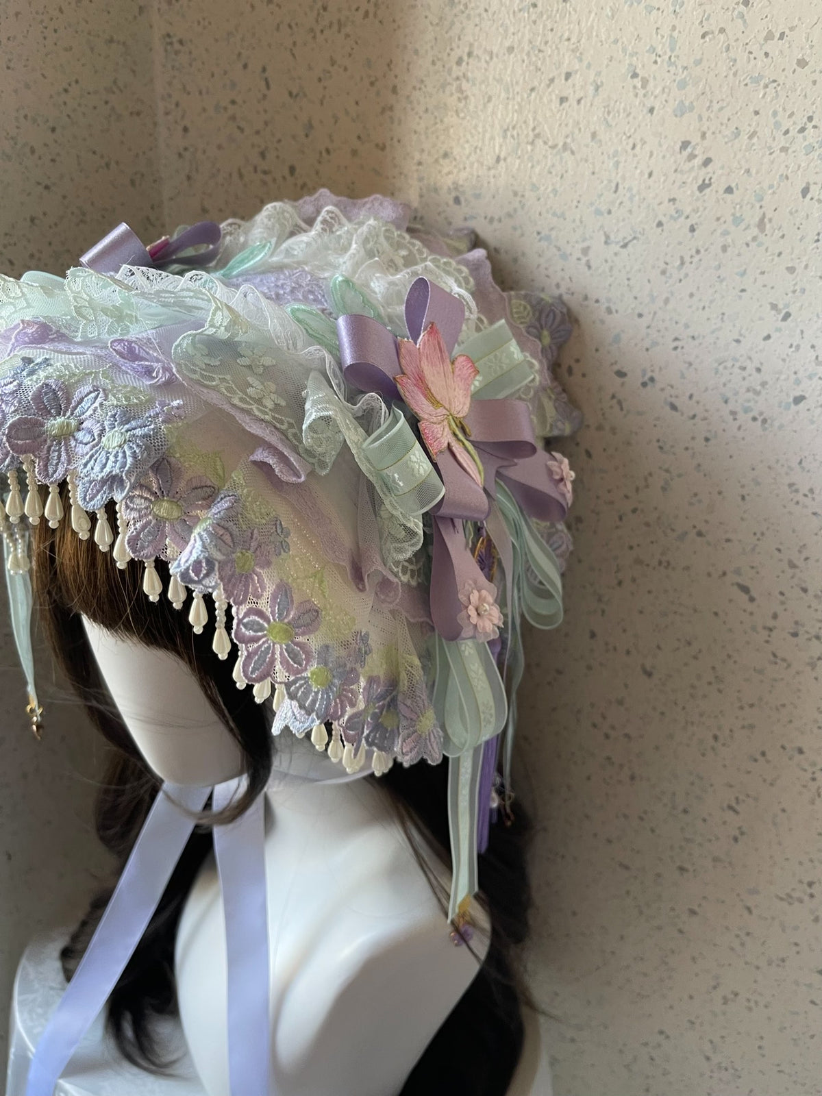 Lolita Lace Bonnet Hat Purple Green