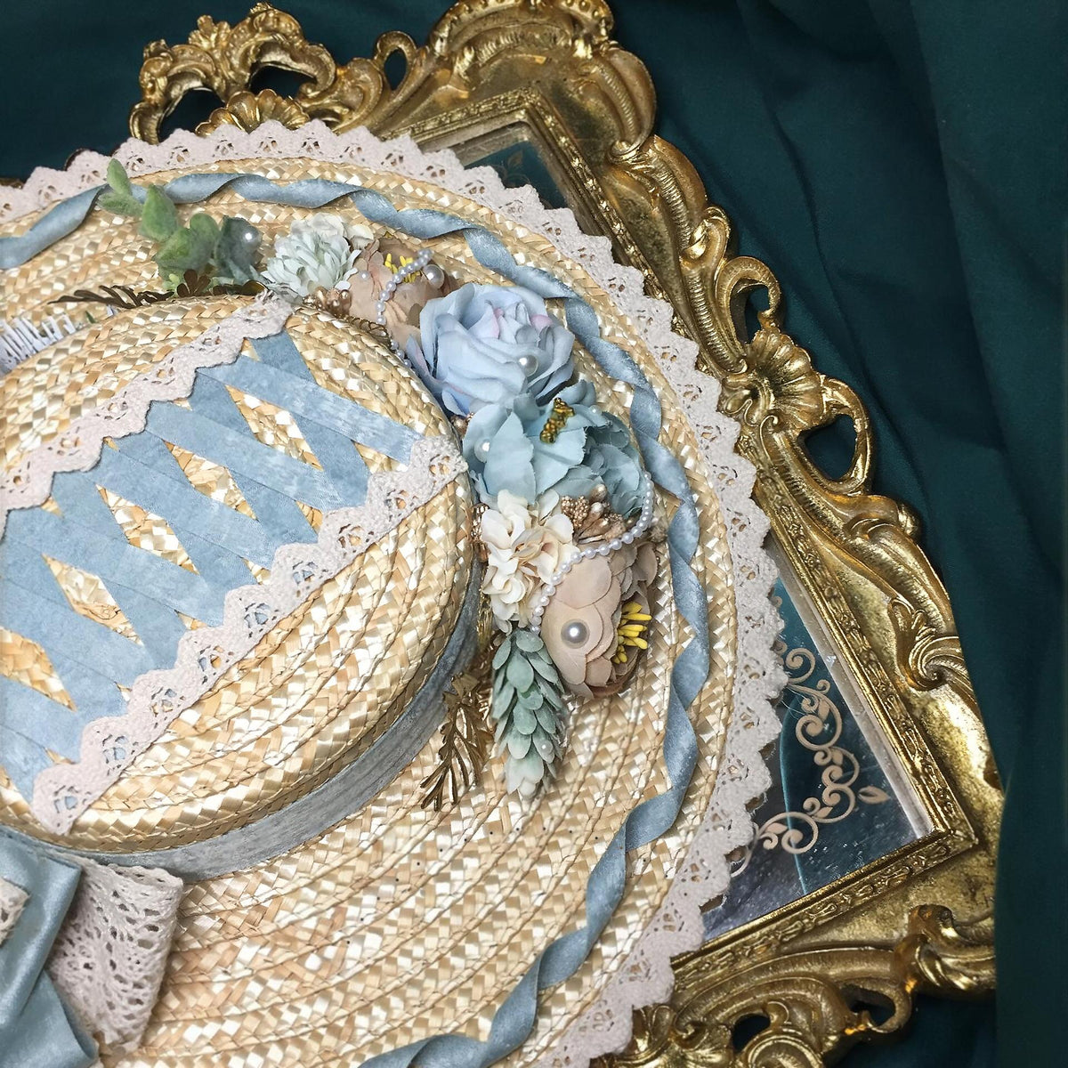 Lolita Straw Flat Hat with Blue Rose