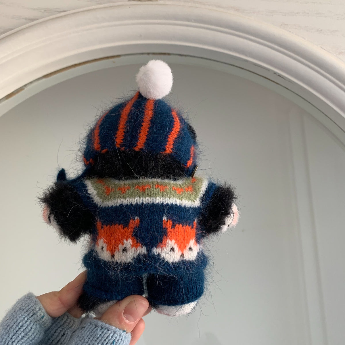 Handmade Knitted Black Bear Figurine with Blue Fox Jacket