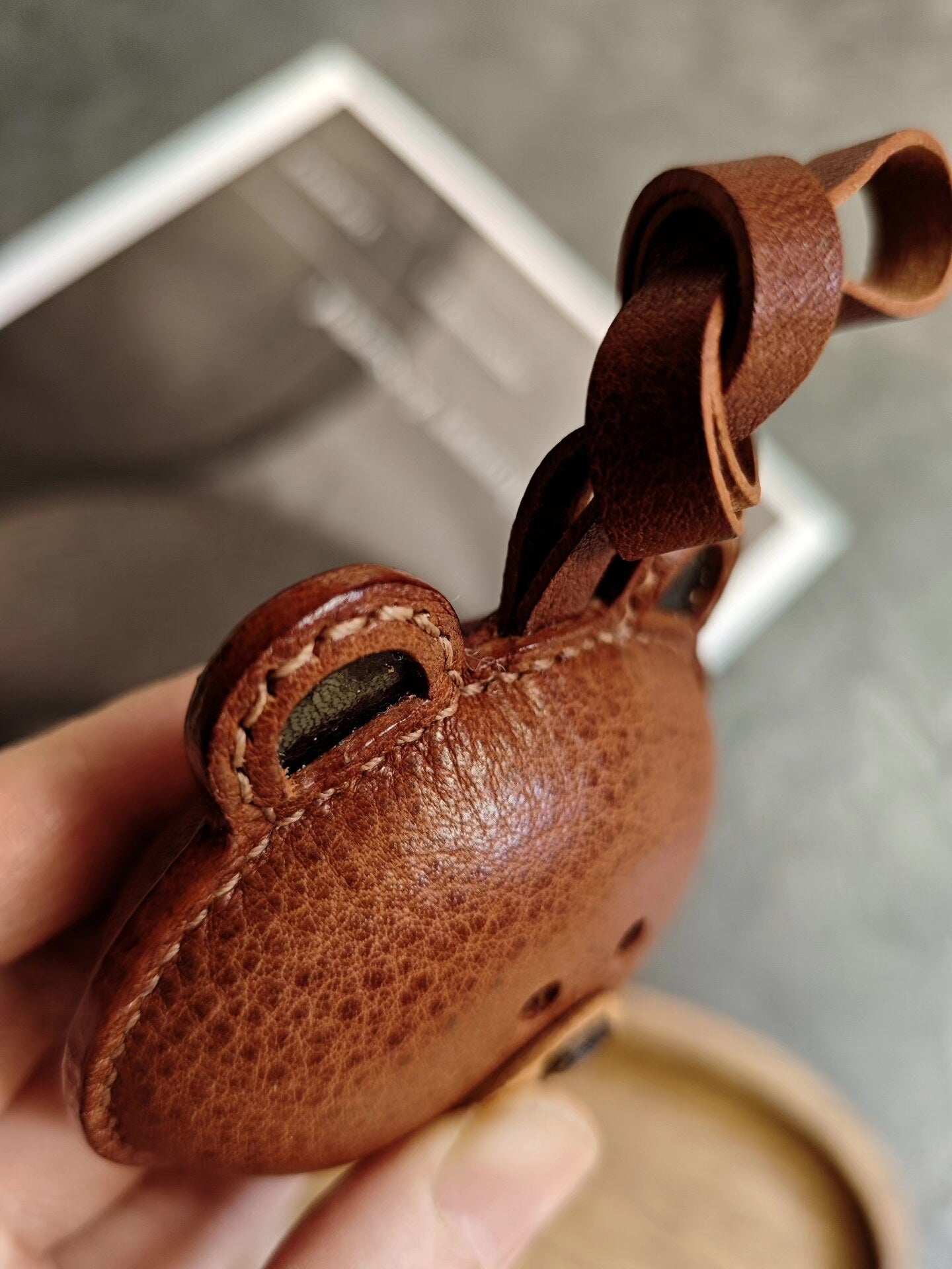 Hand-Stitched Brown Bear Head Leather Keychain Bag Charm