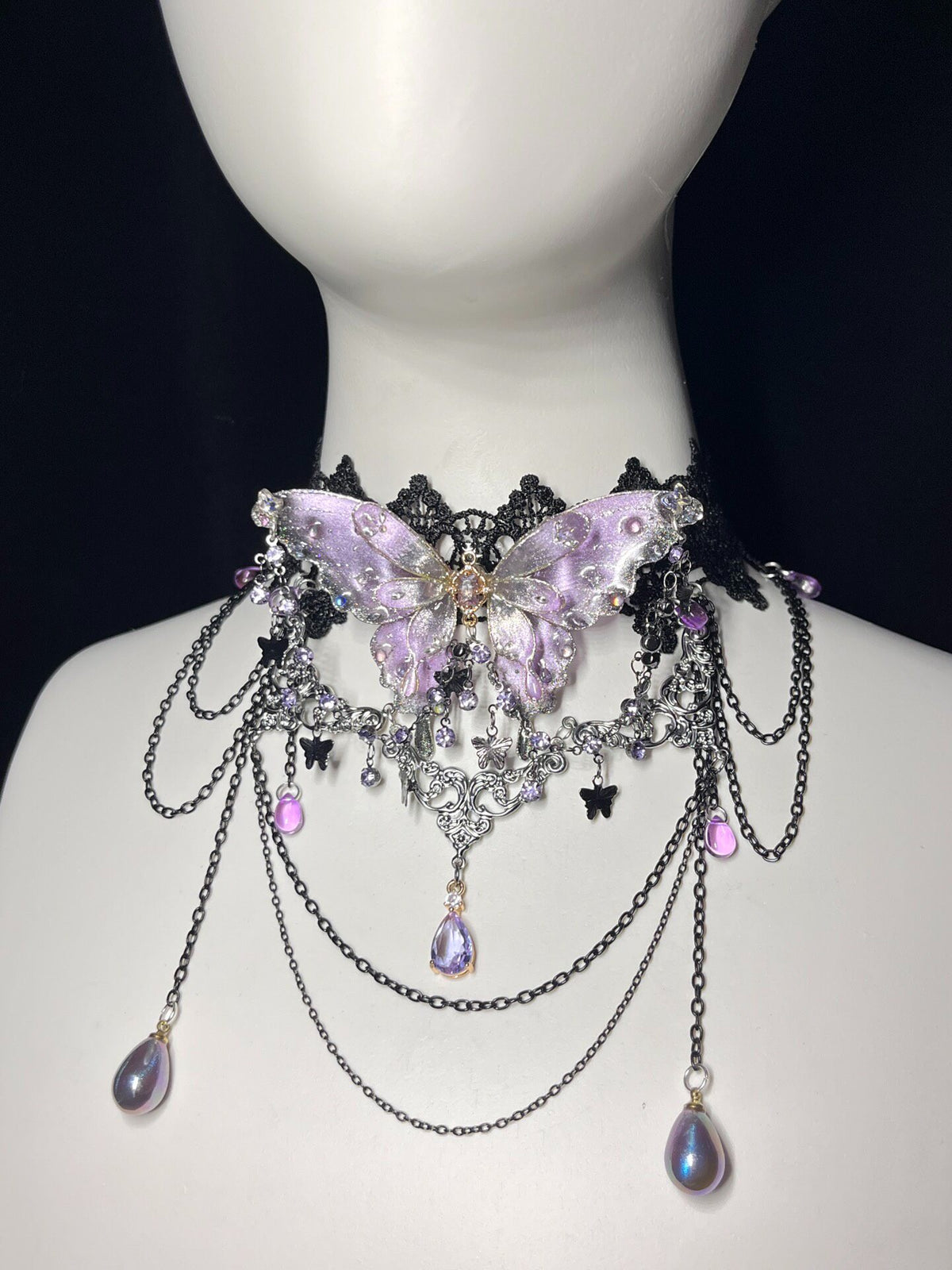 Purple Butterfly Choker Necklace with Black Lace
