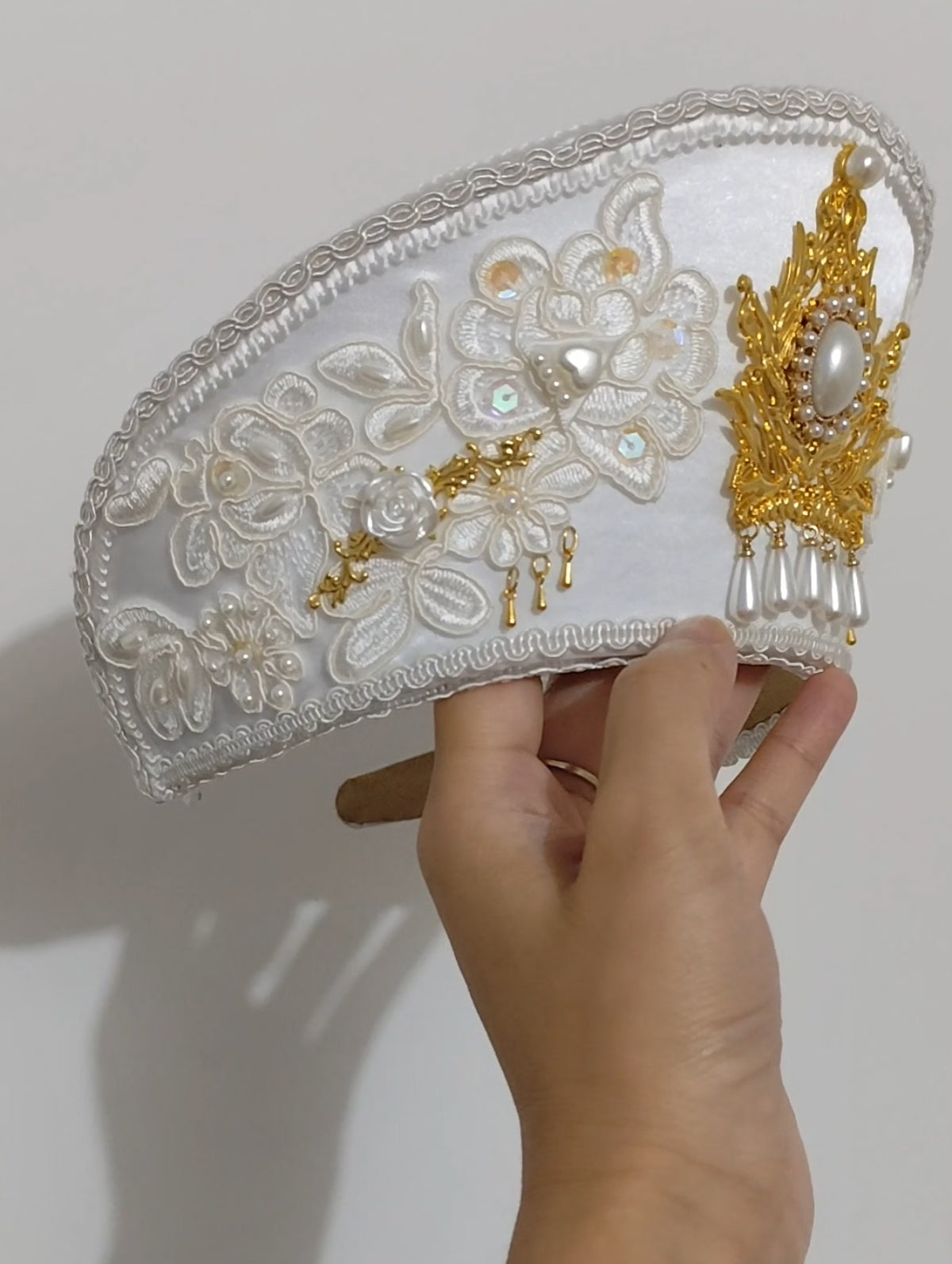 White Satin Lolita Kokoshnik Headpiece with Gold Ornament