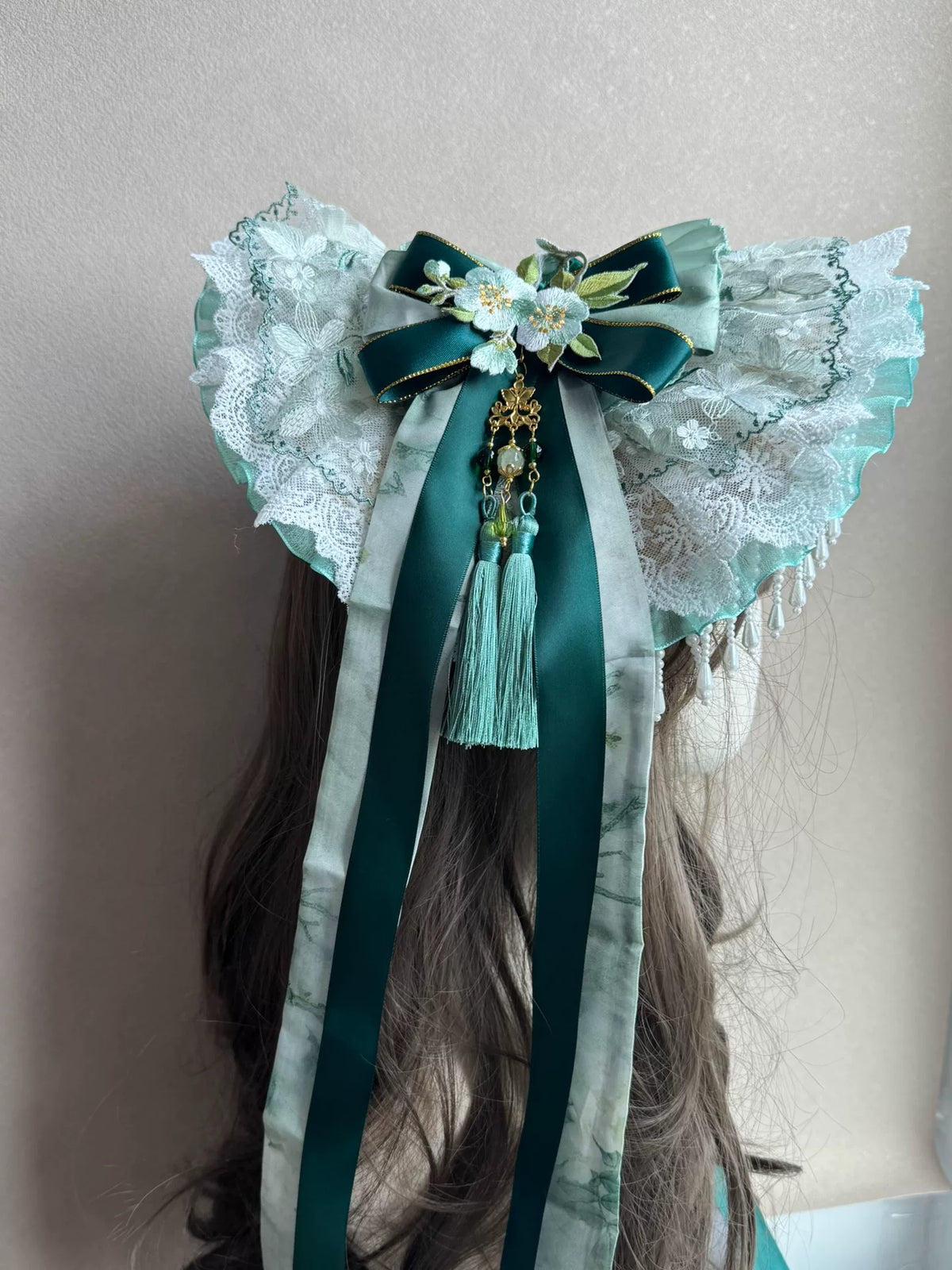 Handmade Lolita Bonnet Mint Green Bead Fringe